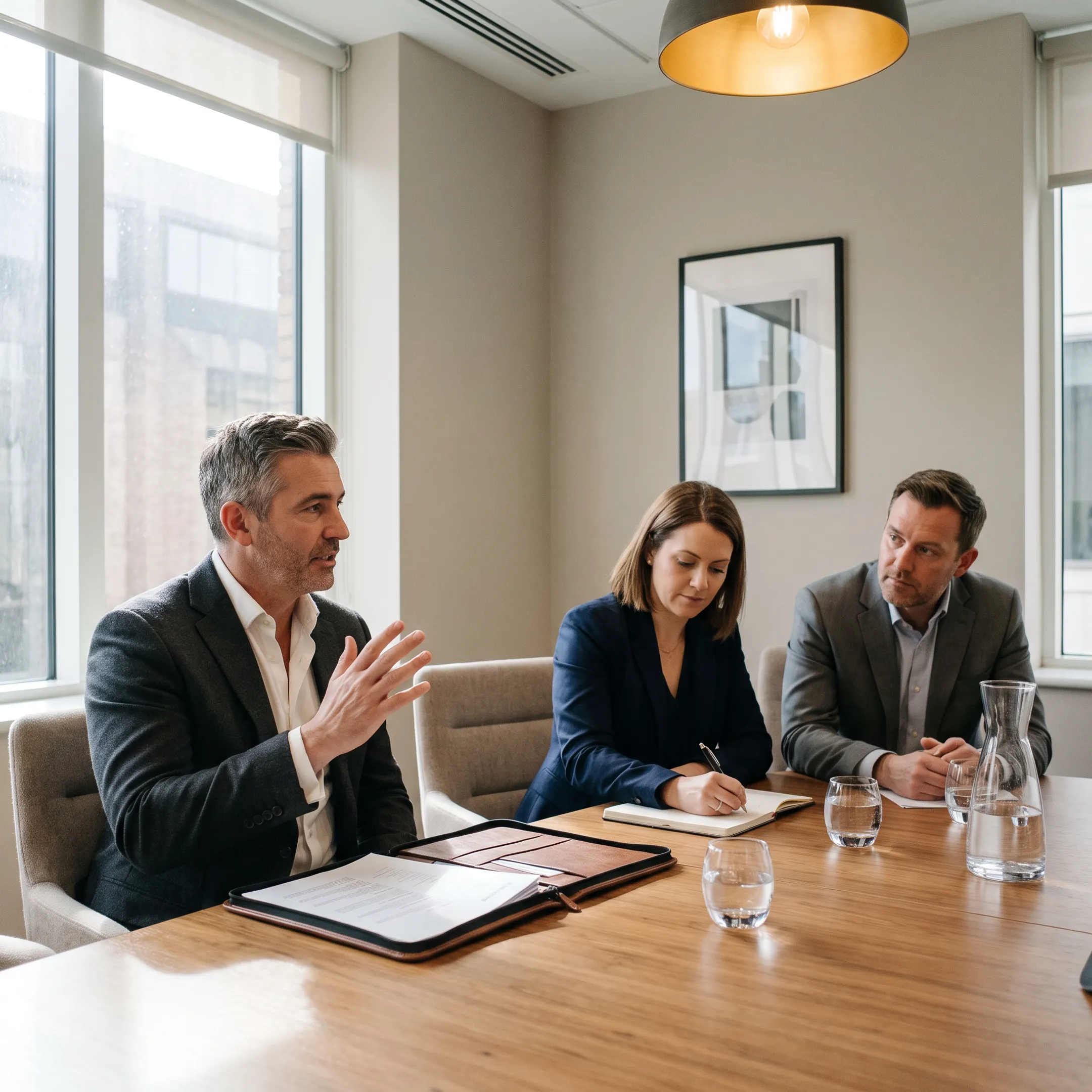 Recruitment professionals interviewing a sales manager candidate in a modern US office