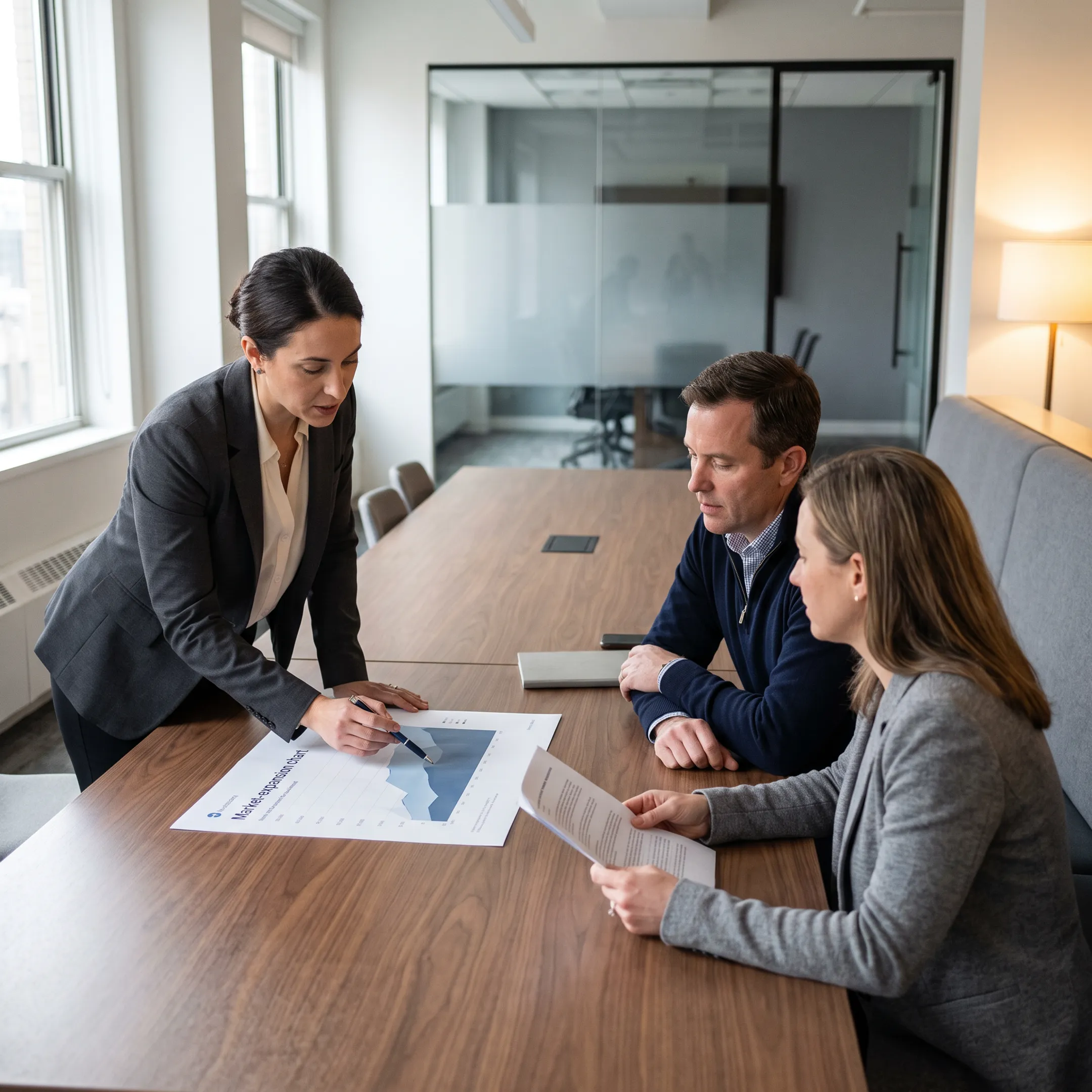 Consultants reviewing a U.S. market sales strategy with startup executives