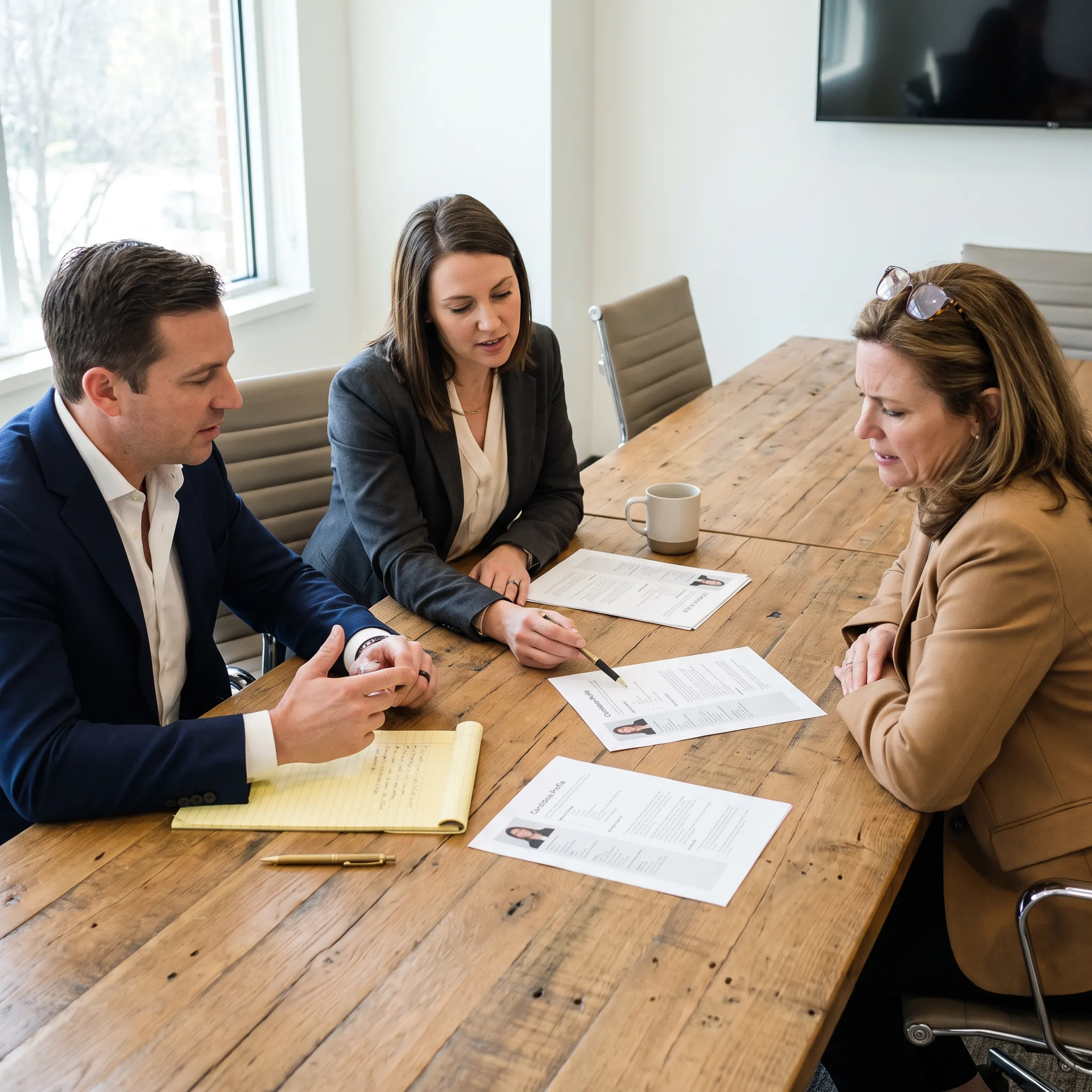 Recruitment consultants reviewing marketing candidate profiles with an employer in a Los Angeles office