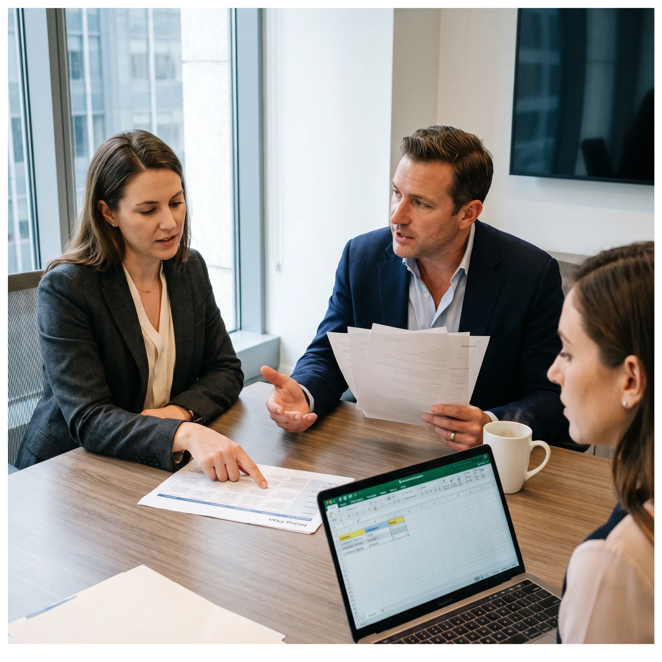 Recruitment consultants reviewing Salesforce commercial operations candidates with a business leadership team