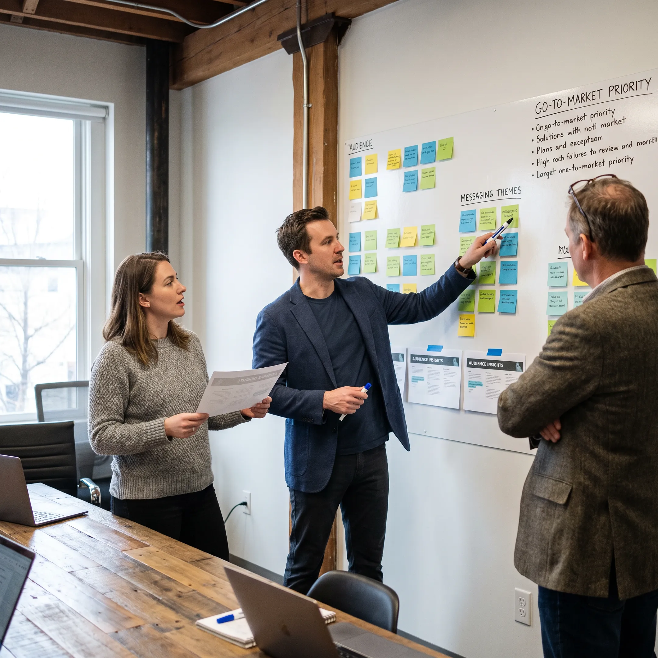 Startup founders reviewing a strategic messaging framework with advisors