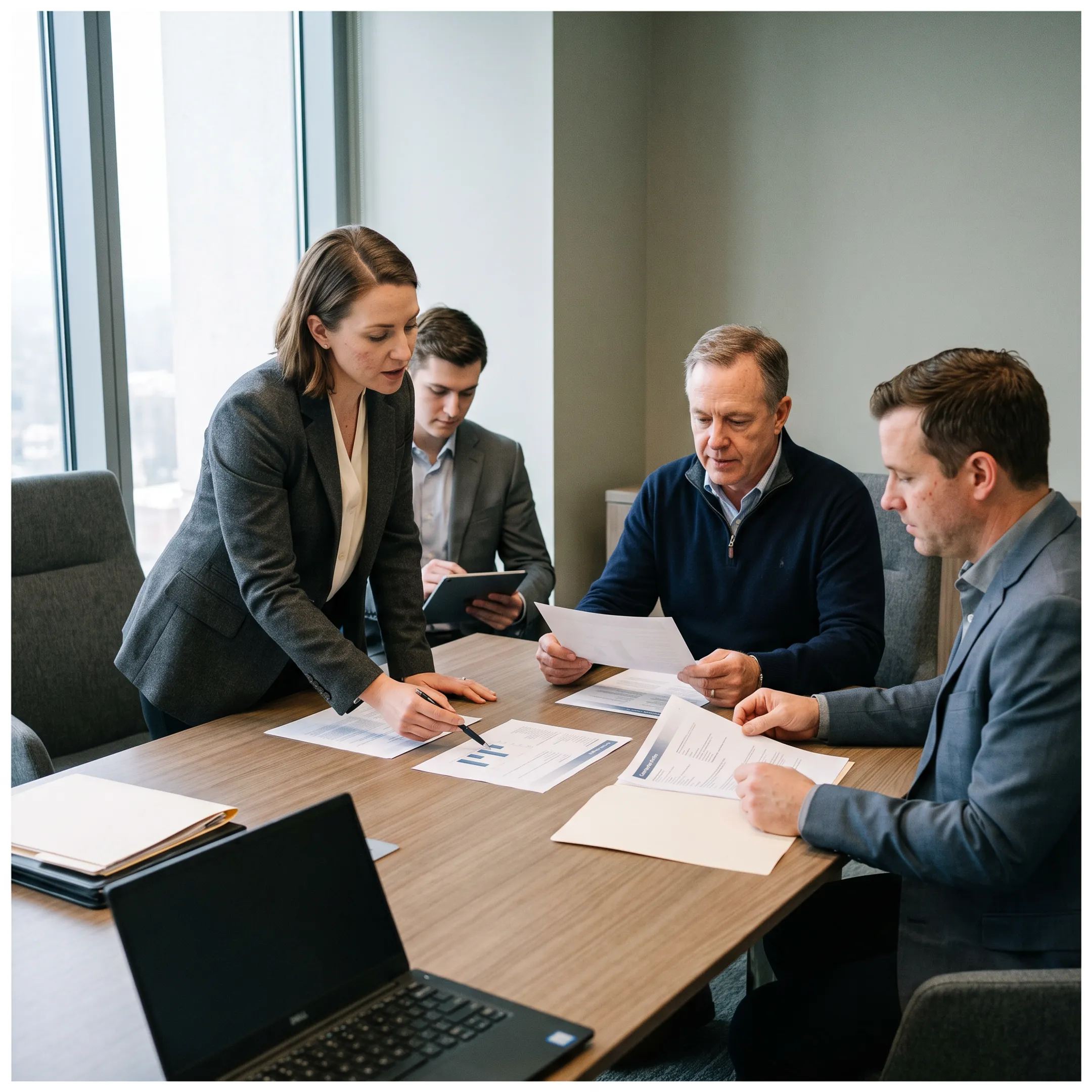 Recruitment consultant discussing project manager candidates with a manufacturing leadership team