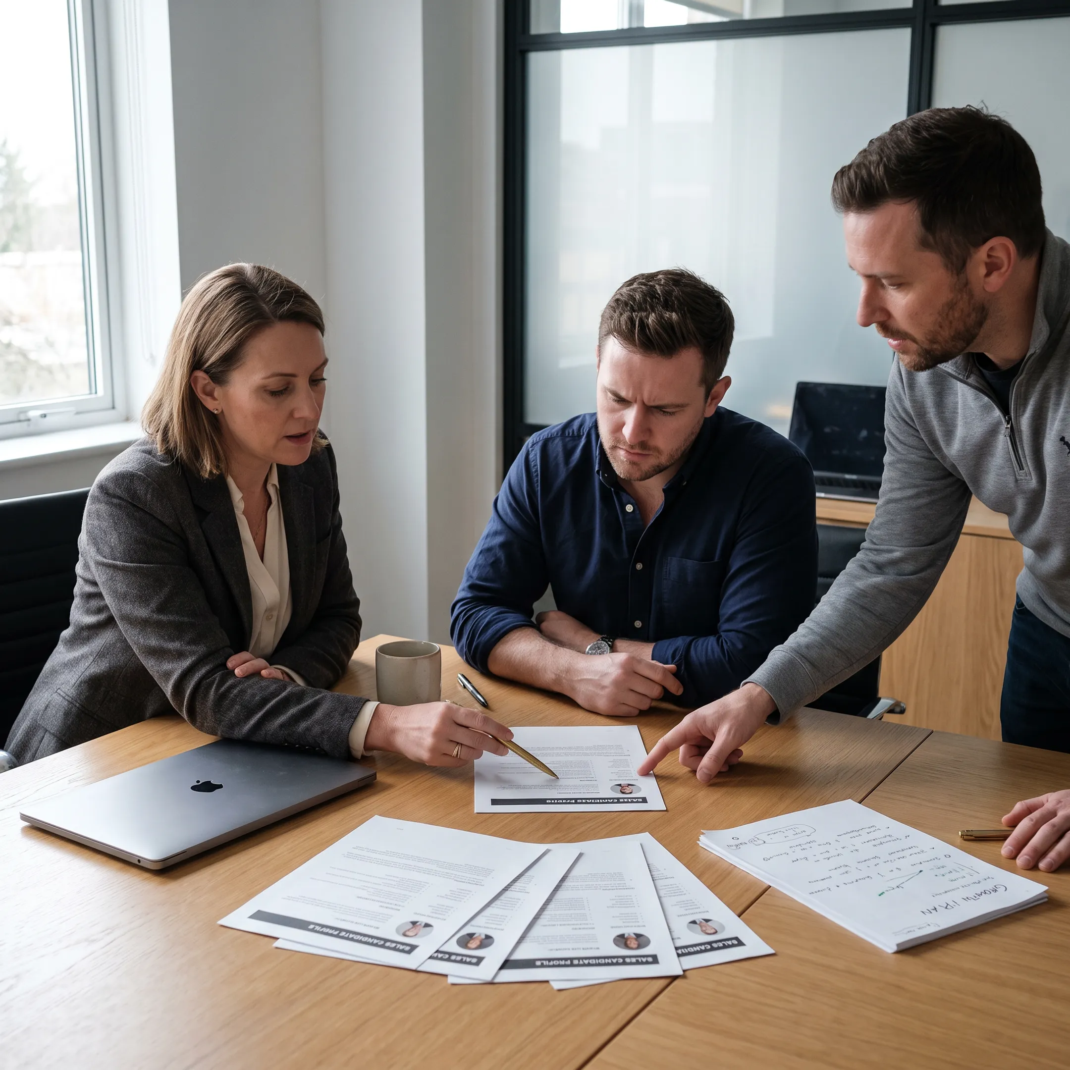 Recruitment consultants reviewing sales candidate profiles with startup founders
