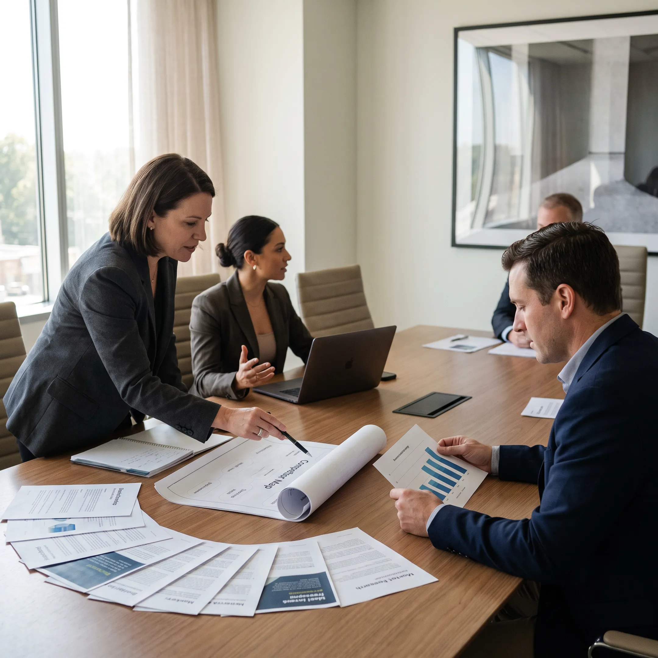 Consultants reviewing U.S. market and competitor research with startup leaders