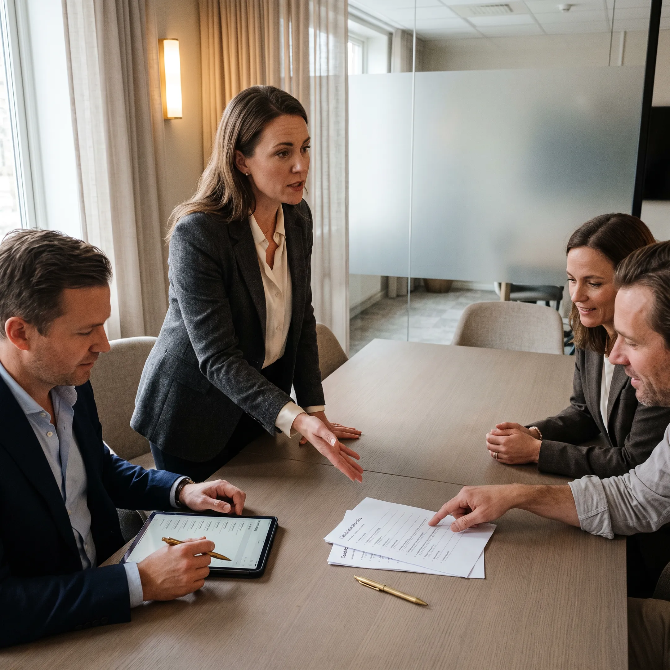 Hiring advisors discussing a candidate shortlist with business leaders