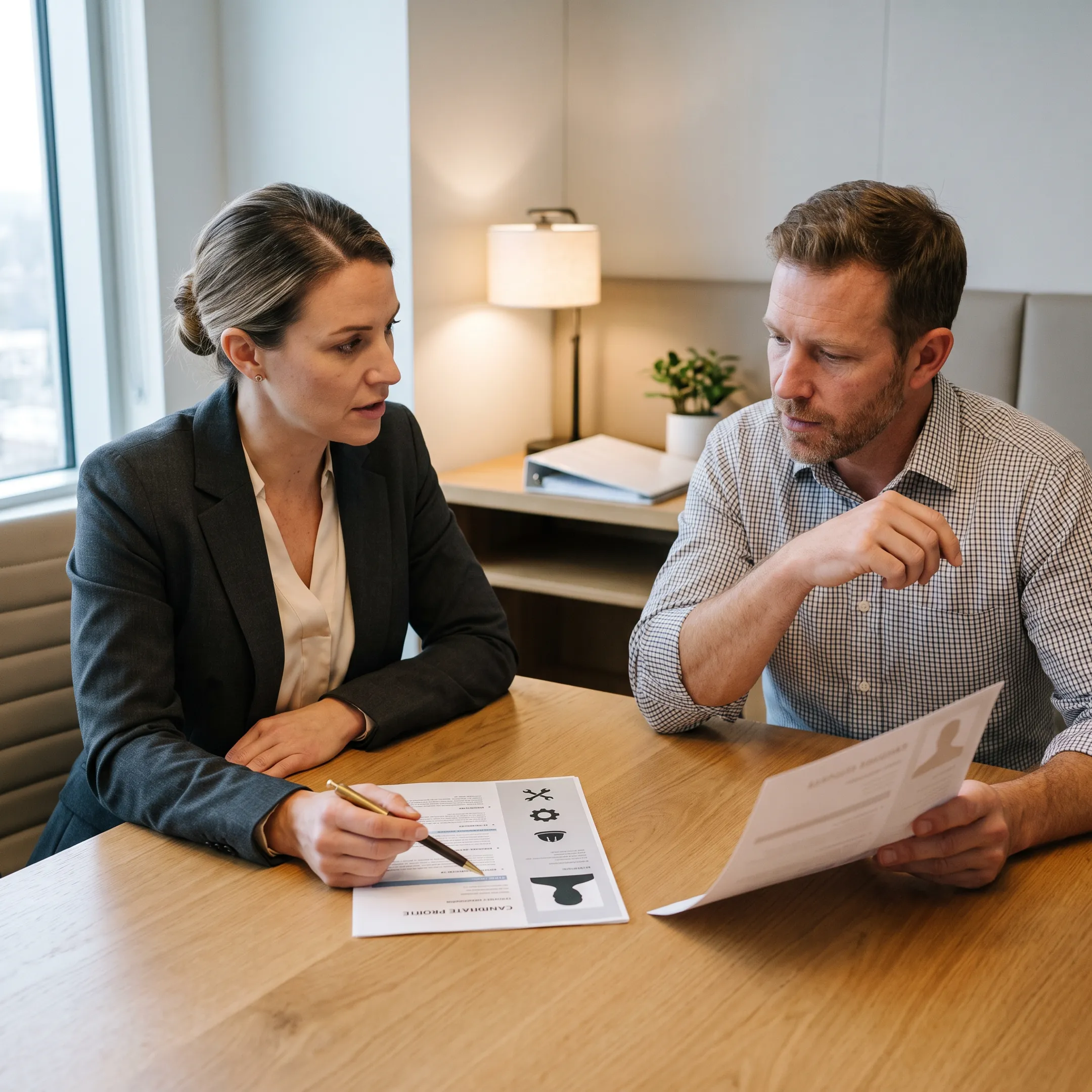 Employer and recruitment consultant reviewing skilled trades candidates