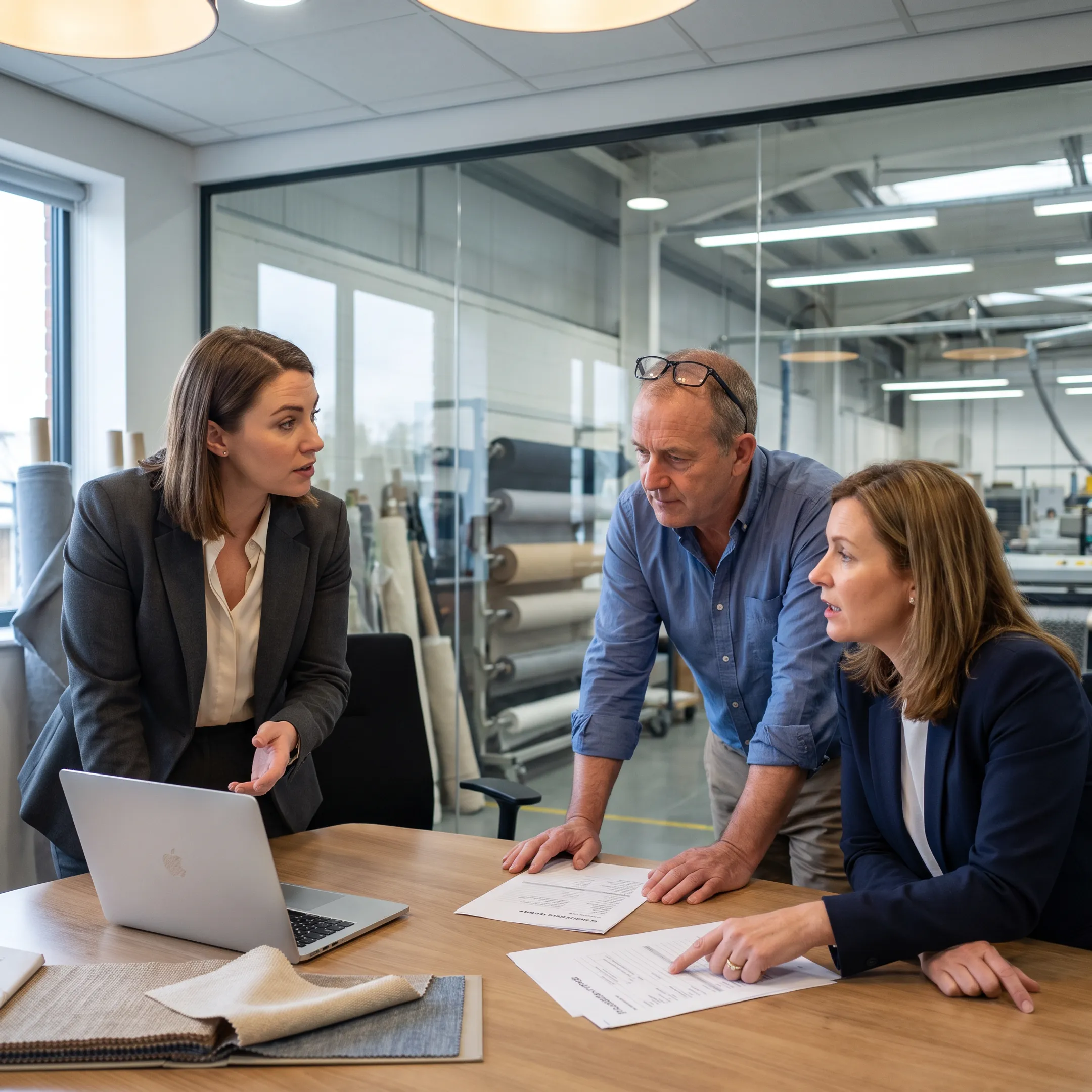 Recruiter interviewing a textile manufacturing candidate in a modern production setting