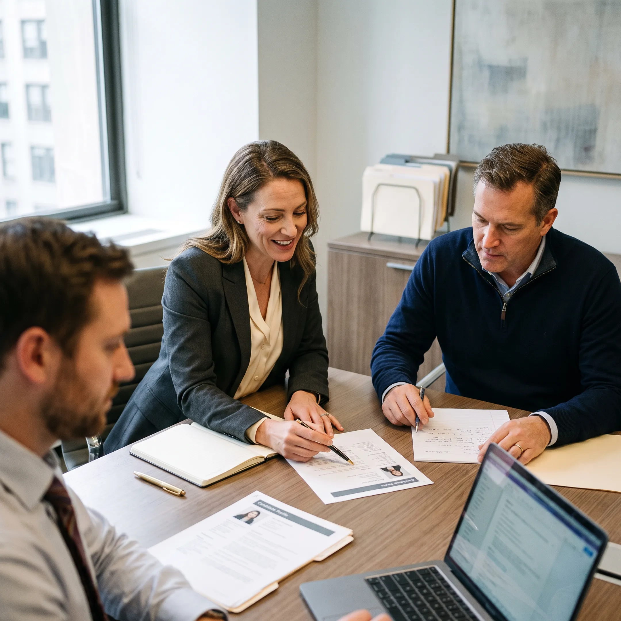 Recruitment consultants reviewing sales candidate profiles with an employer in a modern office