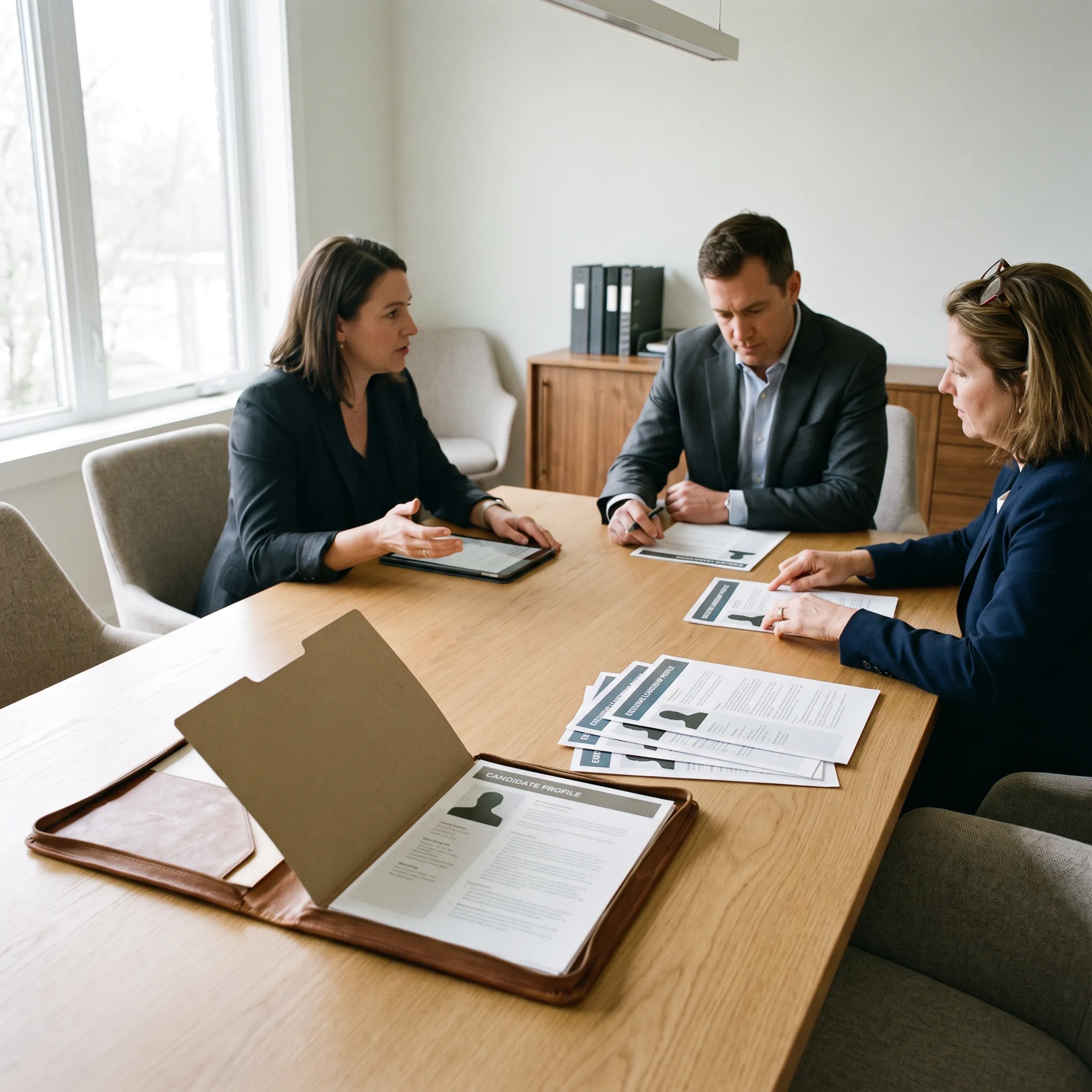 Recruitment consultants discussing executive candidates with an employer in a modern office