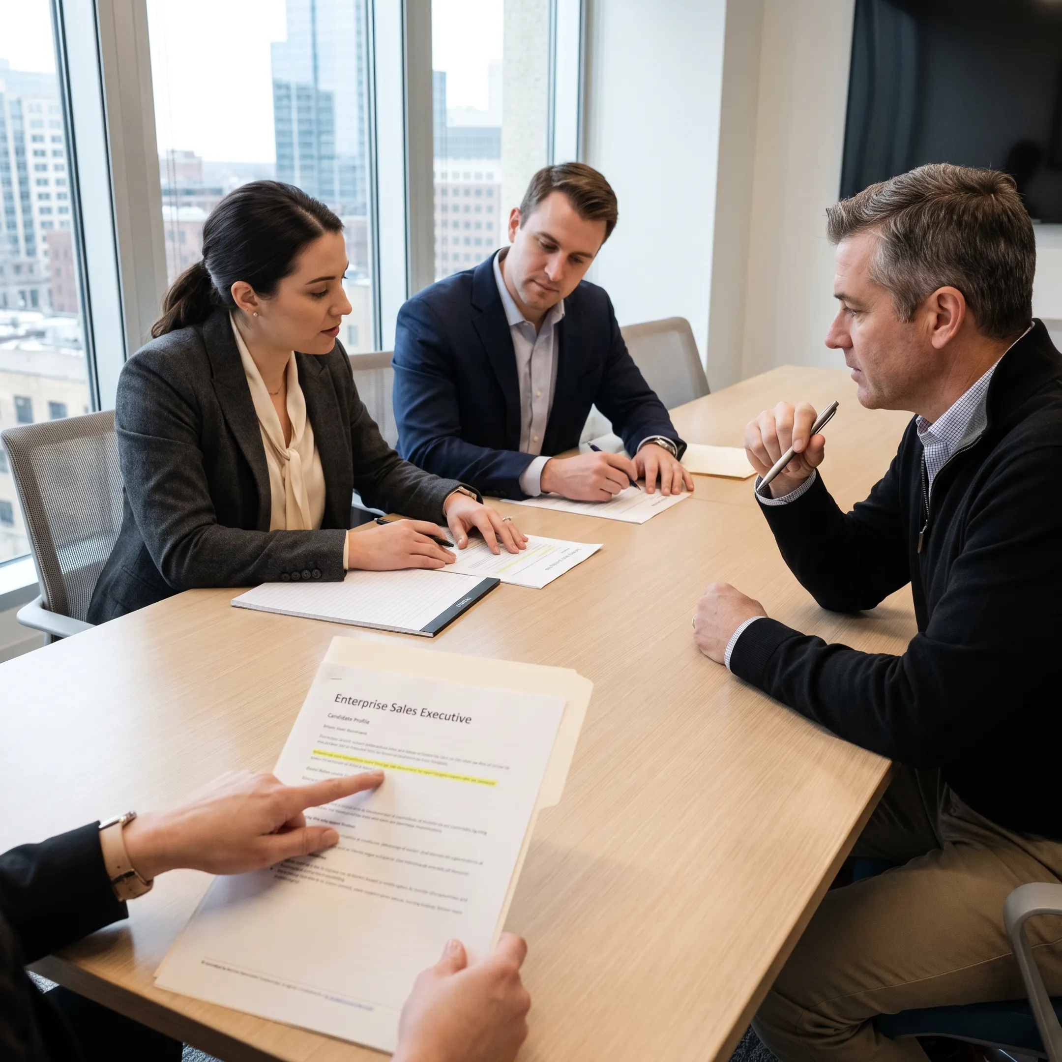 Recruitment consultants discussing sales executive candidates with an employer