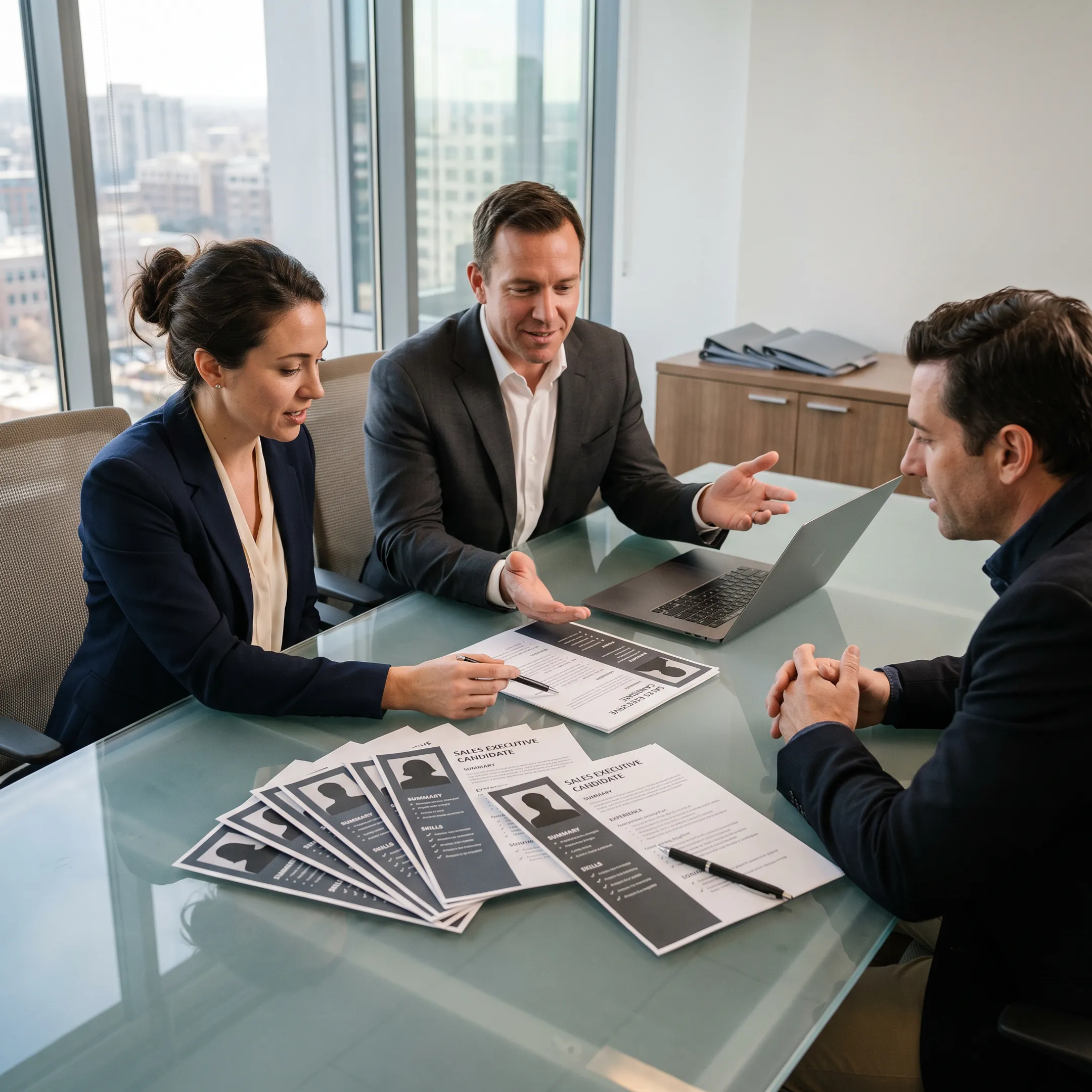 Recruitment consultants discussing sales executive candidates with an employer