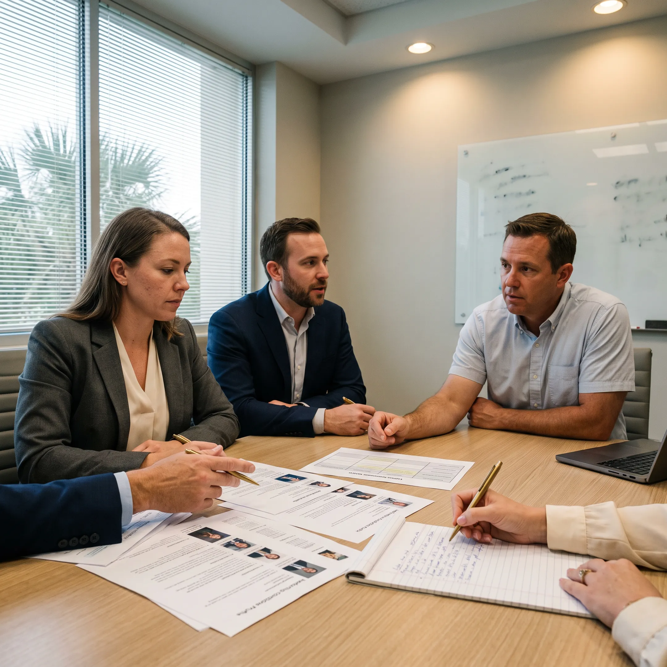 Recruitment consultants reviewing marketing candidate profiles with an employer