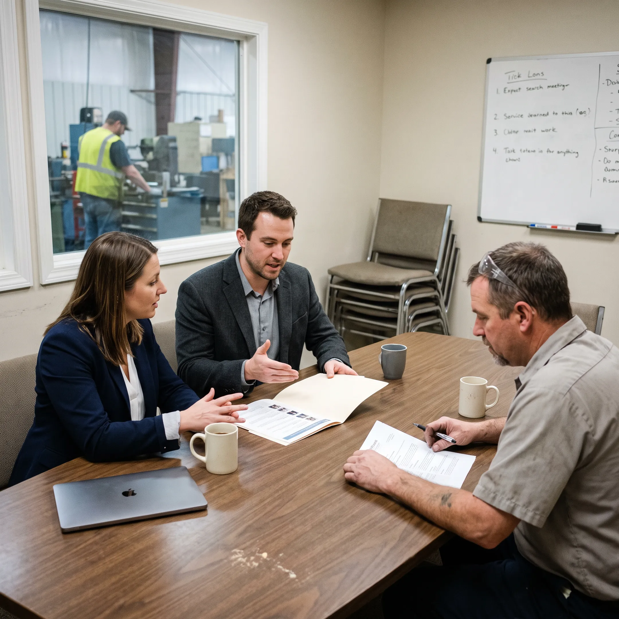 Recruitment consultants reviewing manufacturing candidates with a small business owner