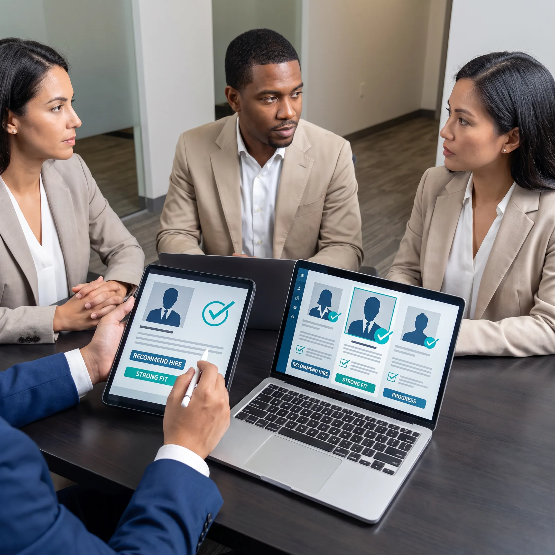 Recruitment consultant presenting executive candidate profiles to an employer team