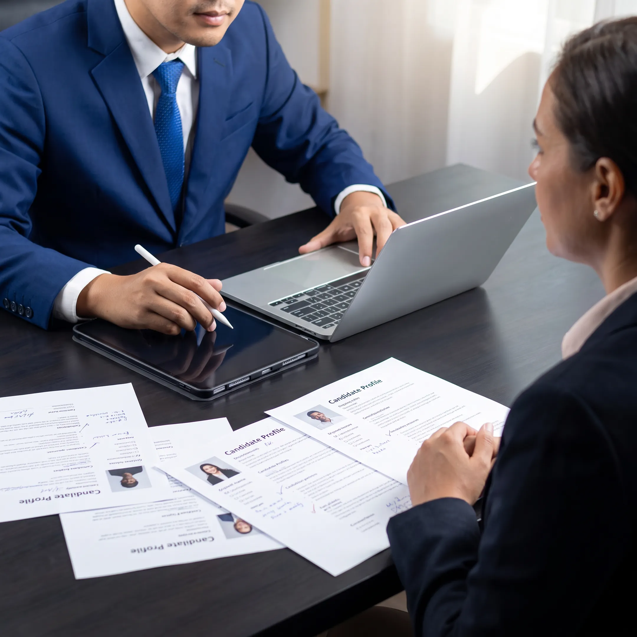 Employer and recruiter discussing a hiring strategy