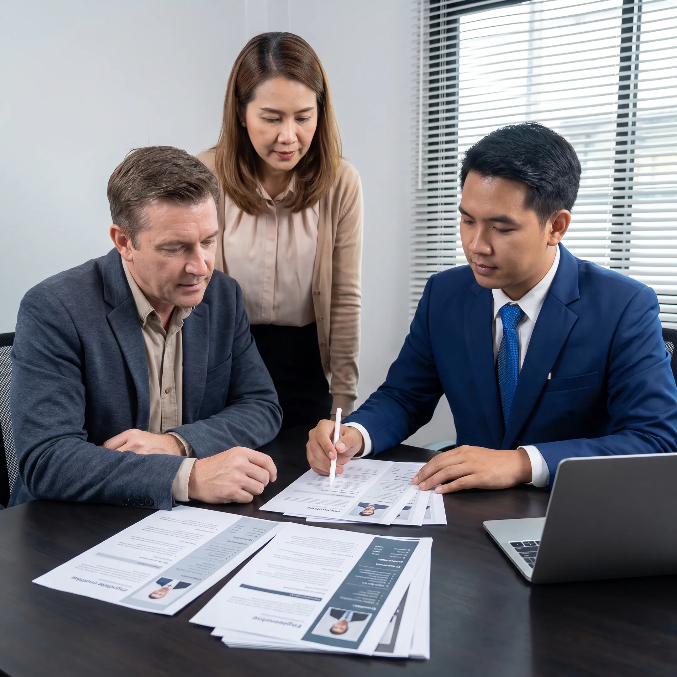 Recruitment consultant reviewing engineering candidates with a US manufacturing leadership team