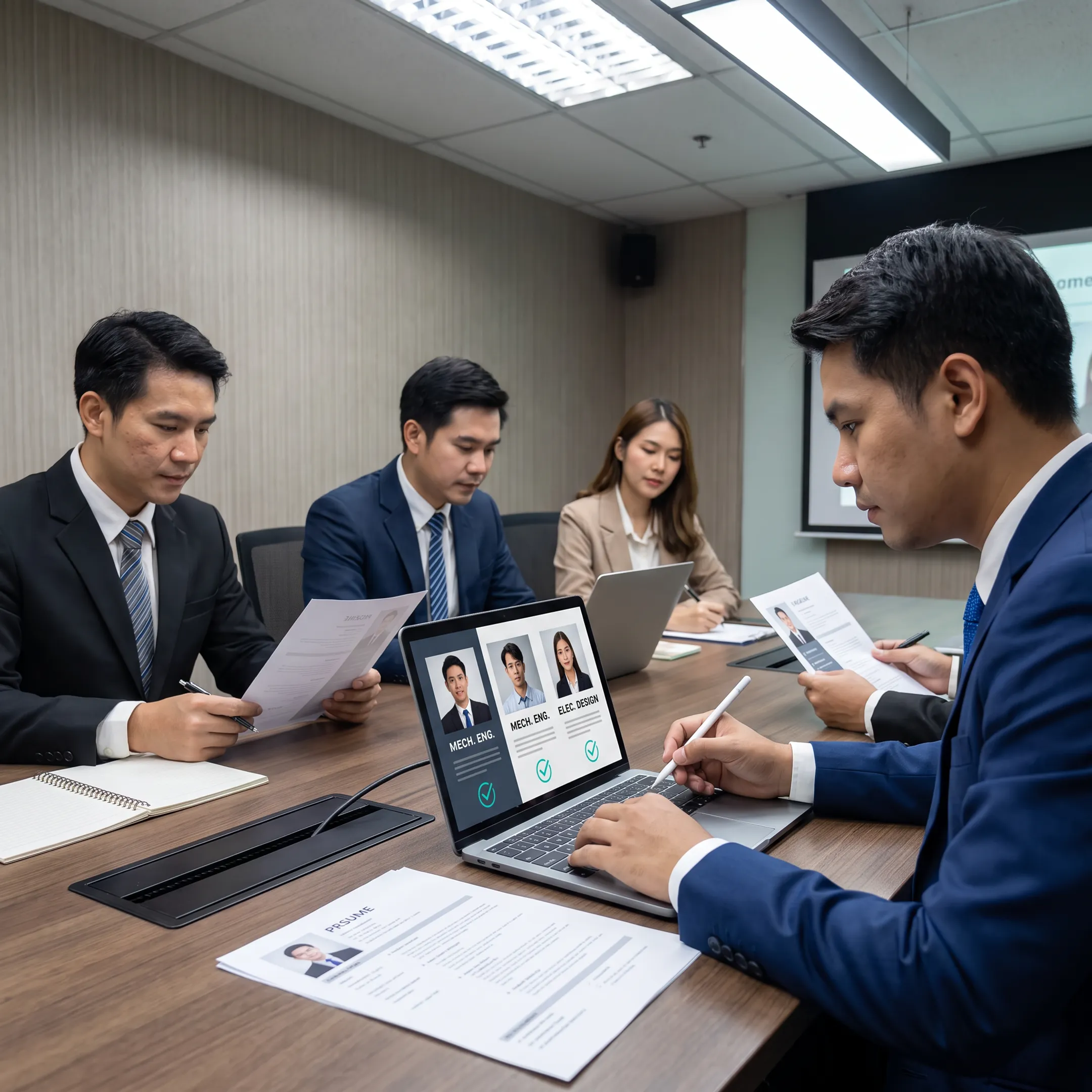 Recruitment specialists evaluating engineering talent for a hardware company