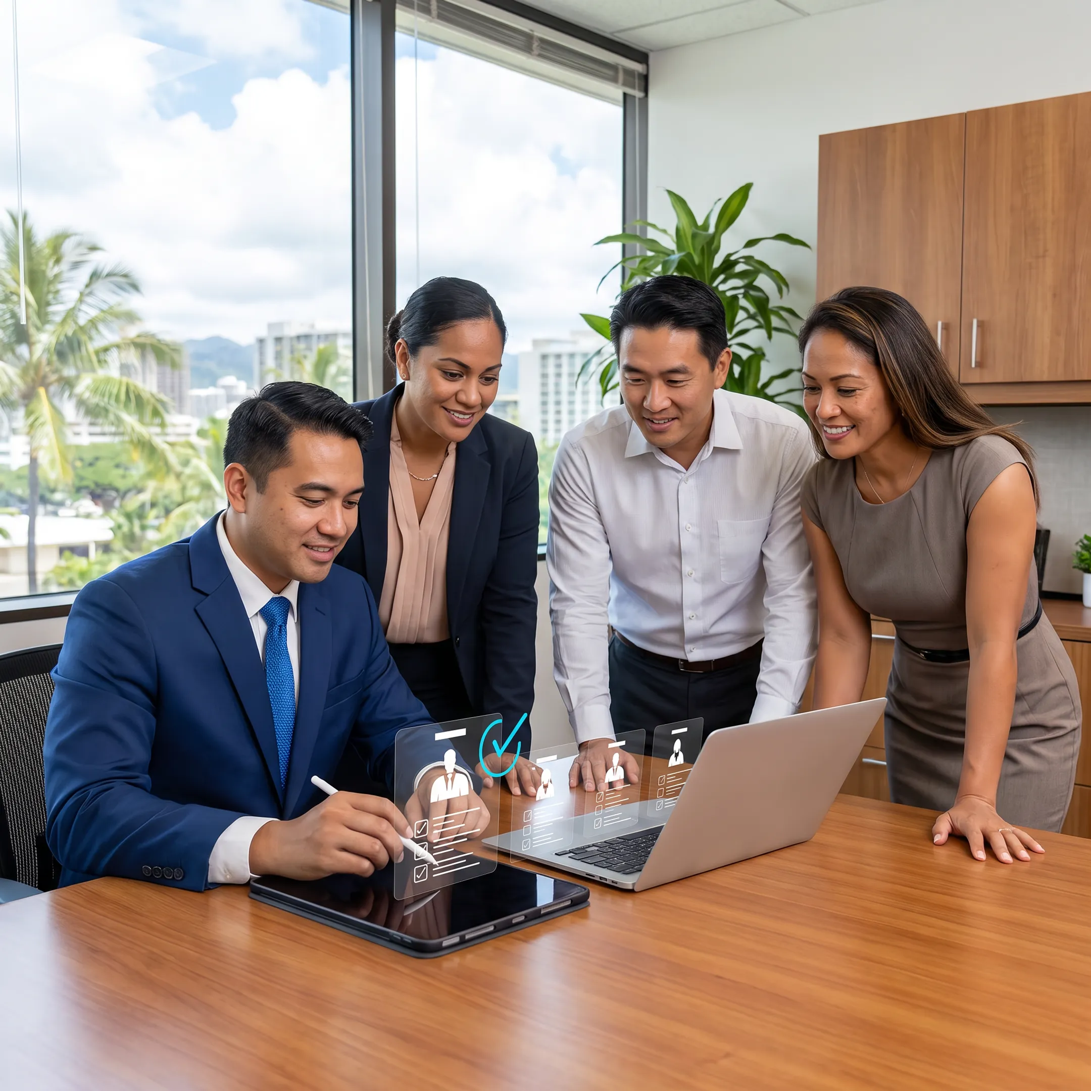 Recruitment consultants discussing executive candidates with an employer in a modern Hawaii office