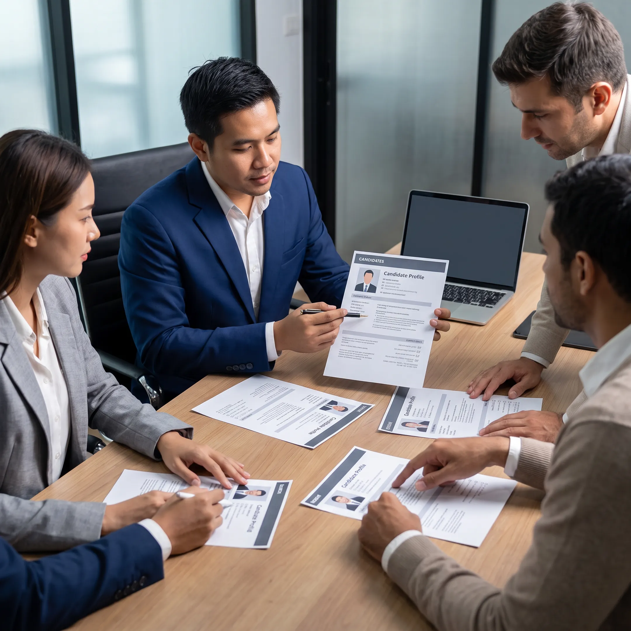 Recruitment team reviewing bilingual candidate profiles with a US employer