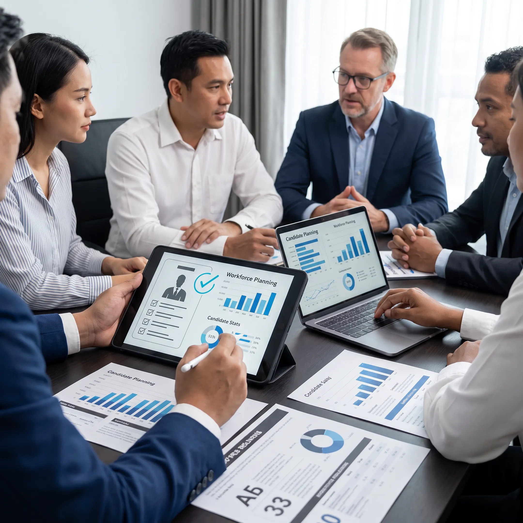 Recruitment consultants reviewing supply chain candidate profiles with Houston employer