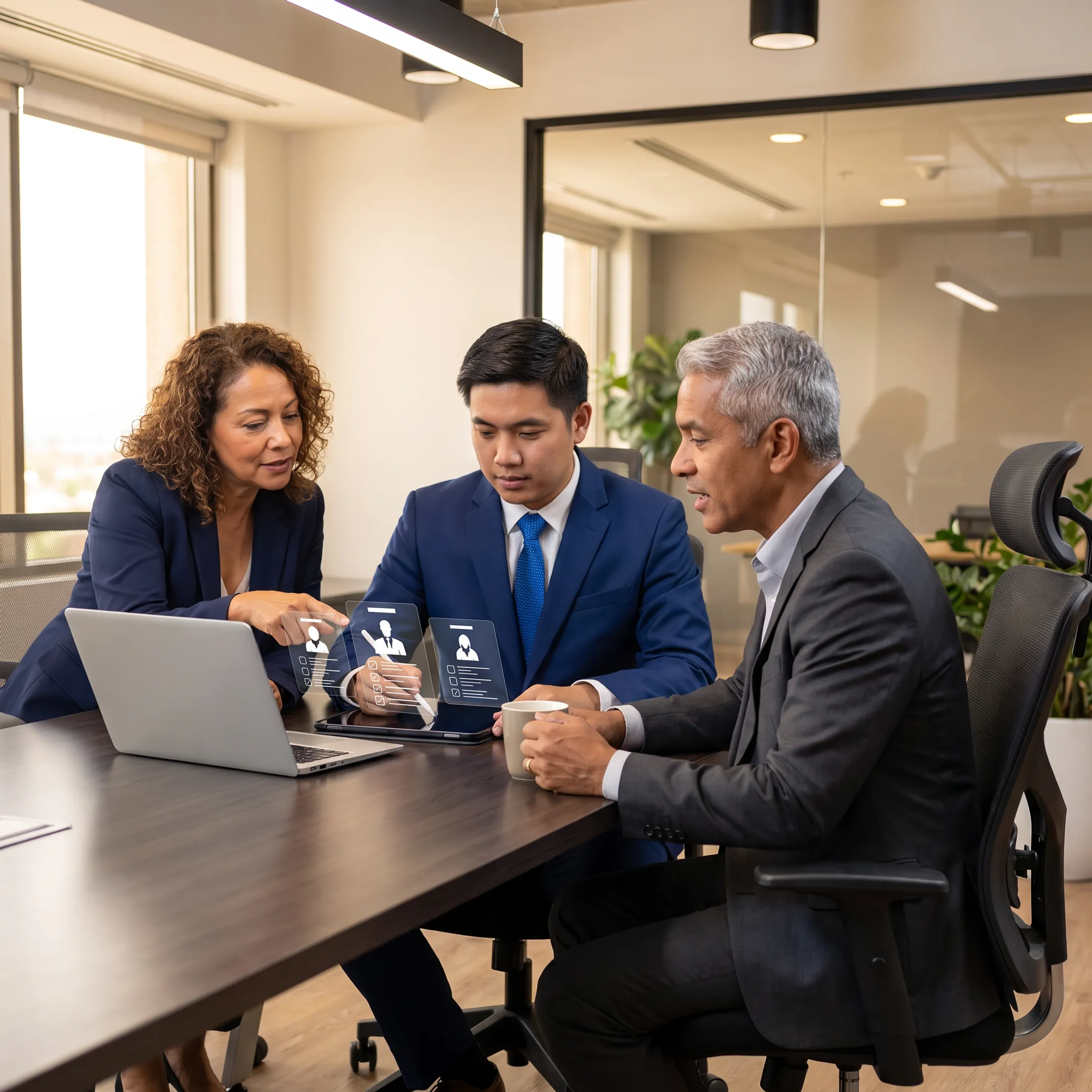 Recruitment consultants reviewing executive candidate profiles with business leaders