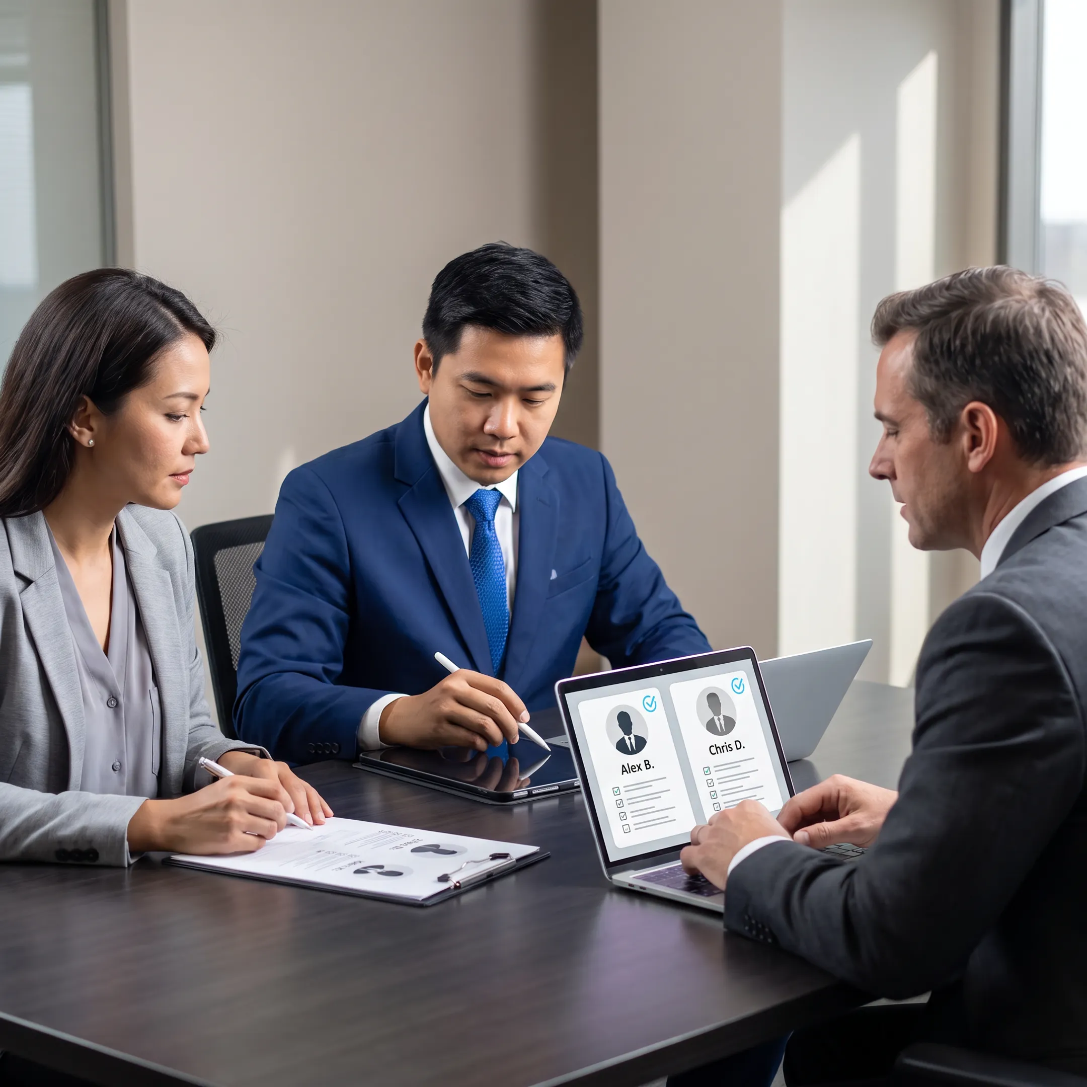 Recruitment consultants discussing qualified candidates with an employer in a modern office