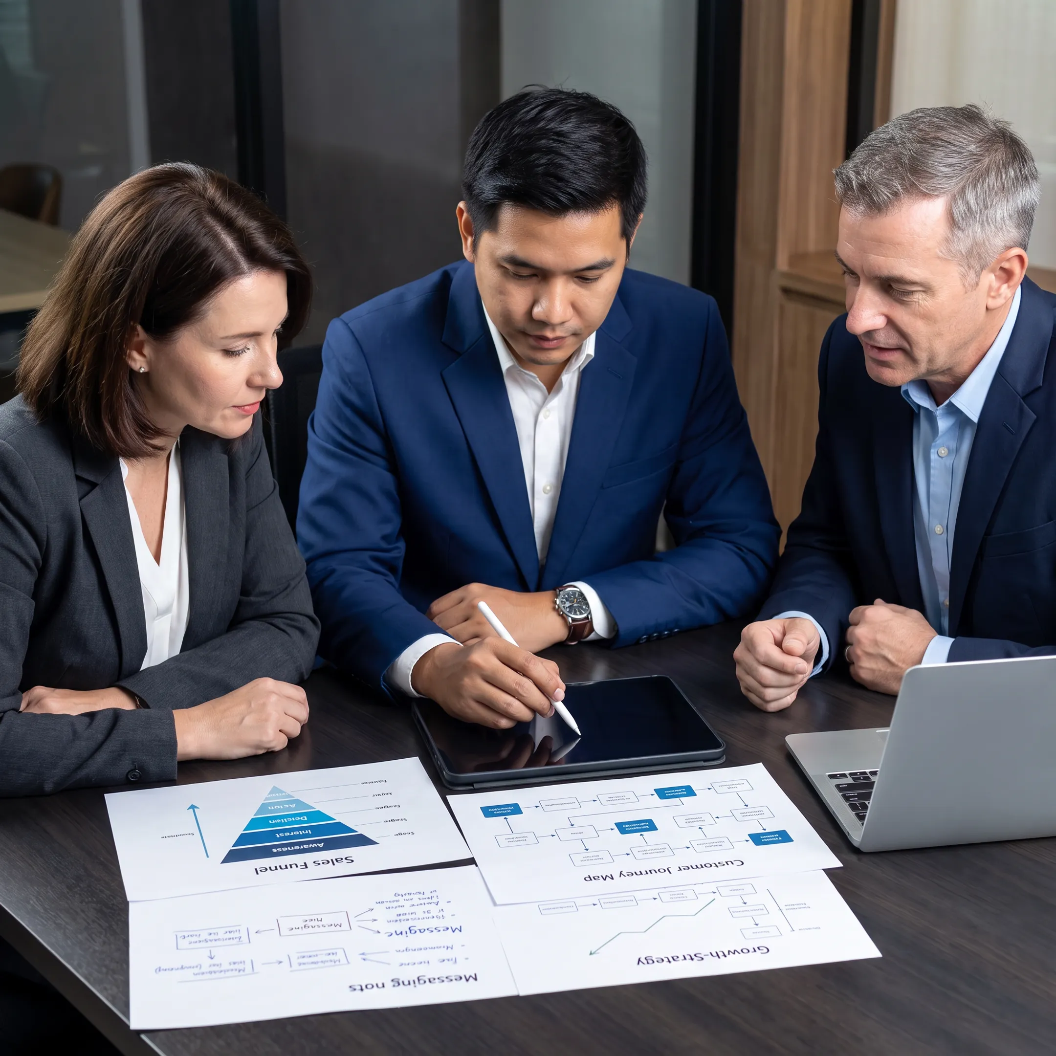 Consultants reviewing a sales funnel strategy with a US go-to-market team