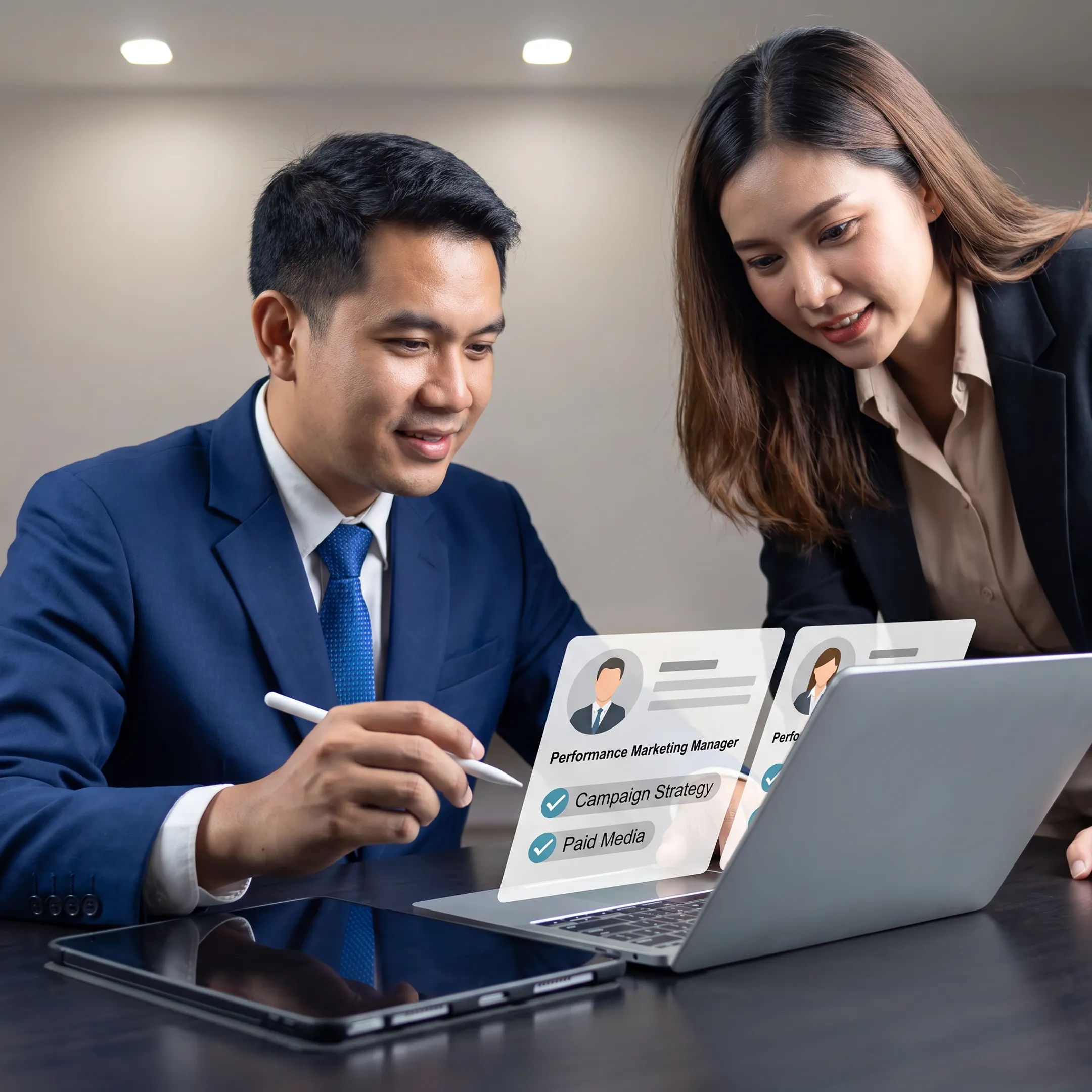 Recruitment team reviewing performance marketing candidates with a US employer