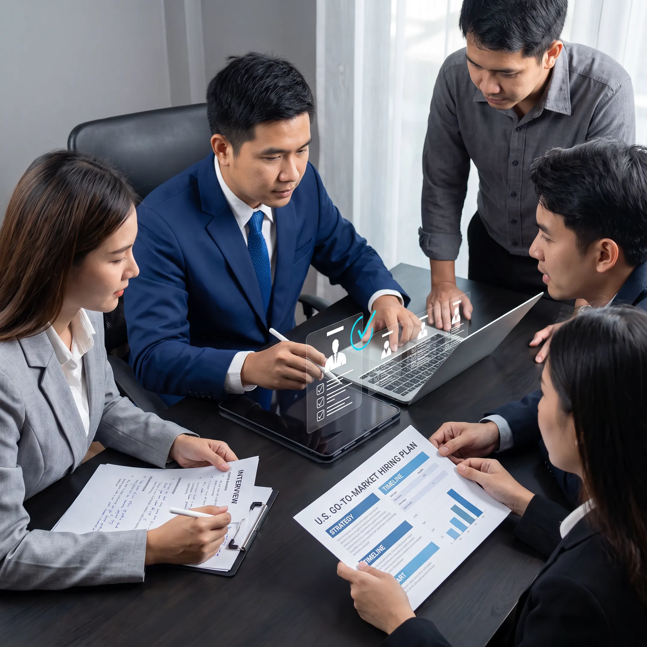 Recruitment advisors reviewing candidate profiles with startup founders for a U.S. go-to-market team