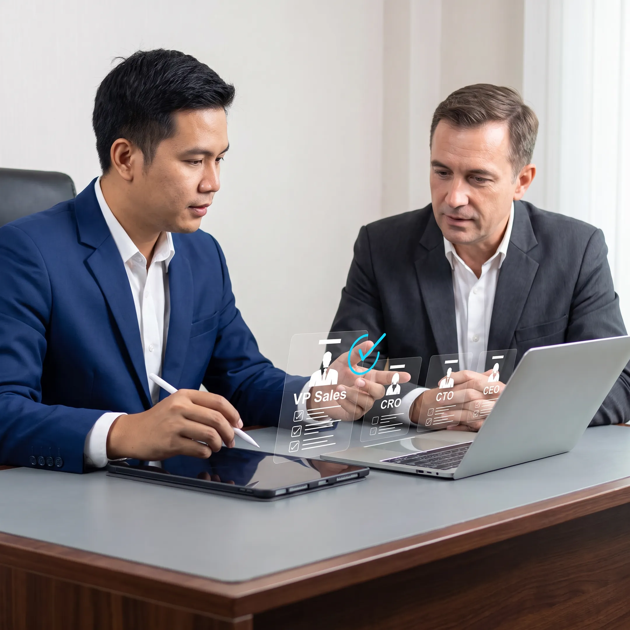 Executive search advisor presenting leadership candidates to a company founder