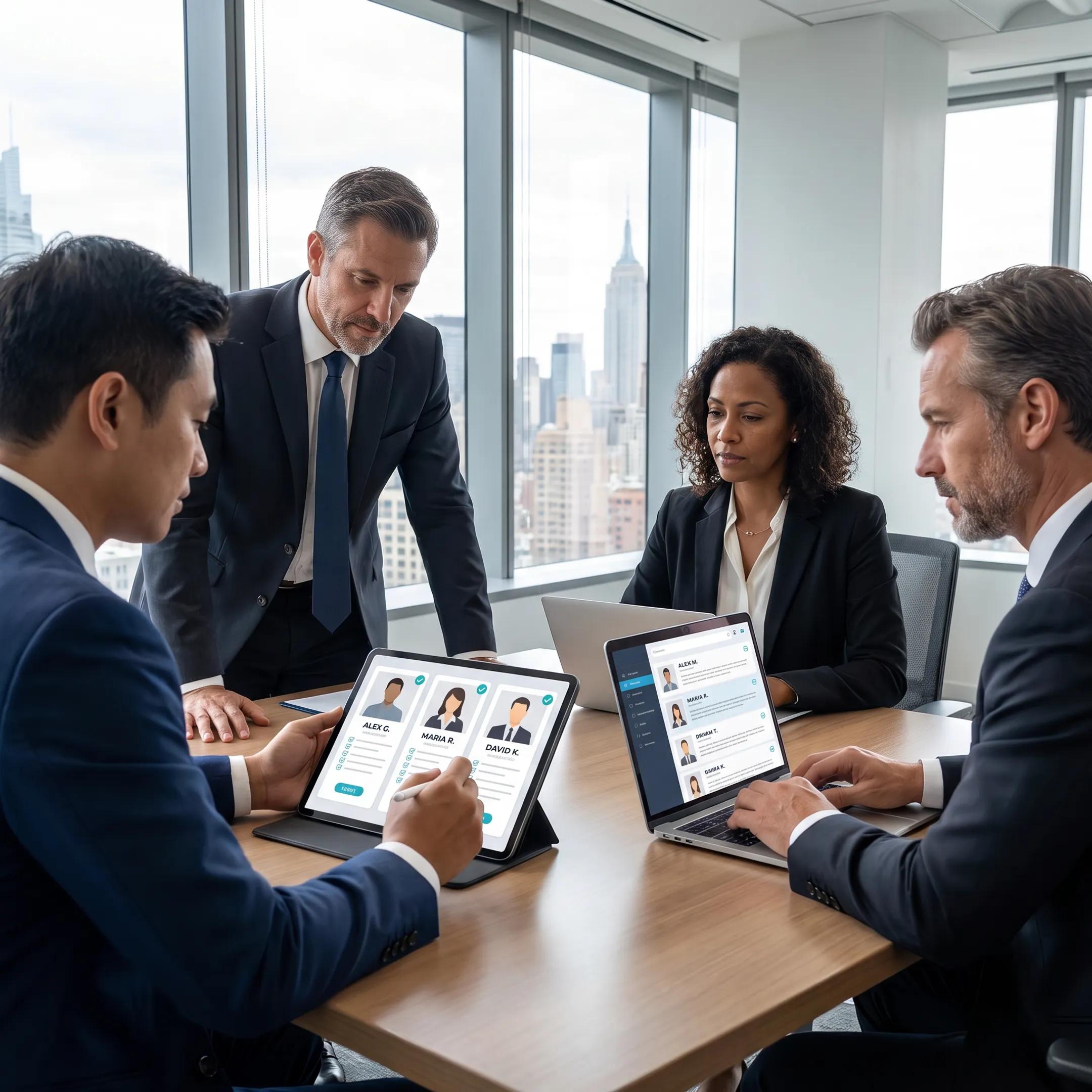 Recruitment consultant discussing commercial leadership candidates with business executives