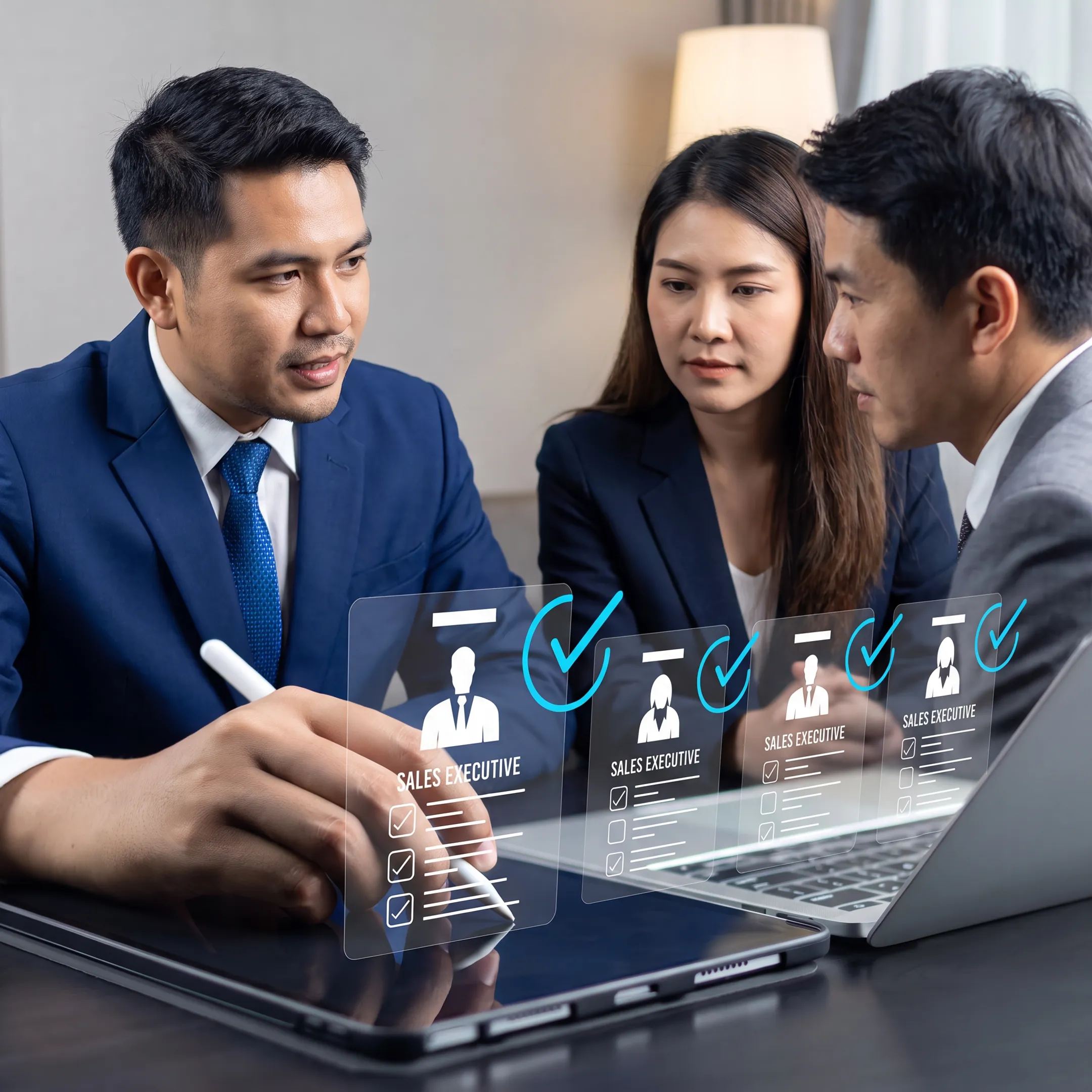 Recruitment consultant presenting qualified sales executive candidates to business leaders