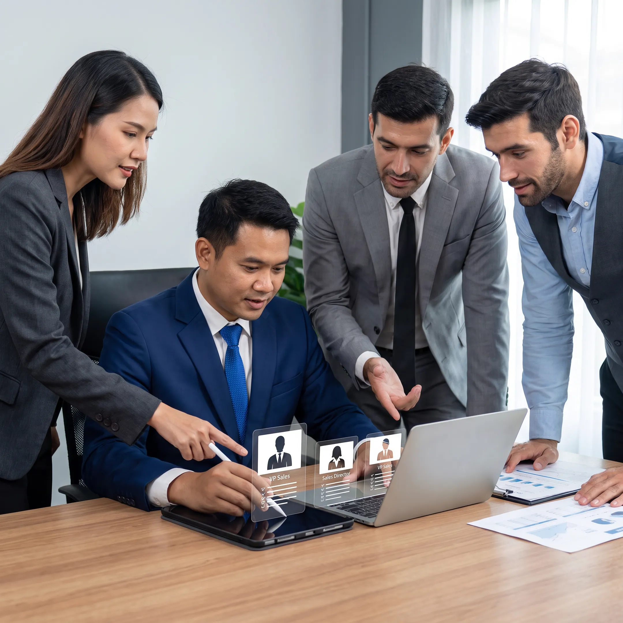 Executive recruiter reviewing sales leadership candidates with a company hiring team