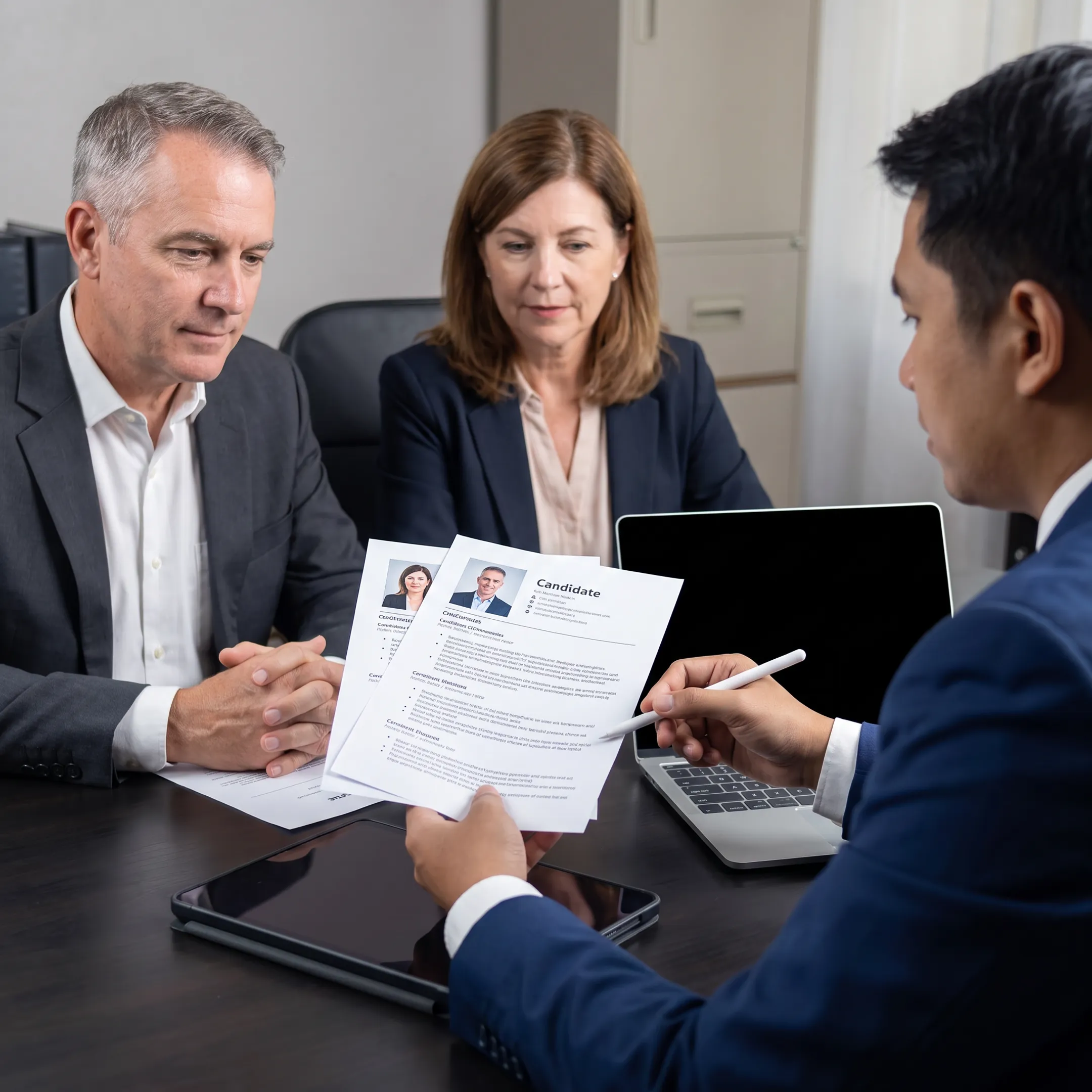 Recruitment specialist discussing manufacturing candidates with an employer