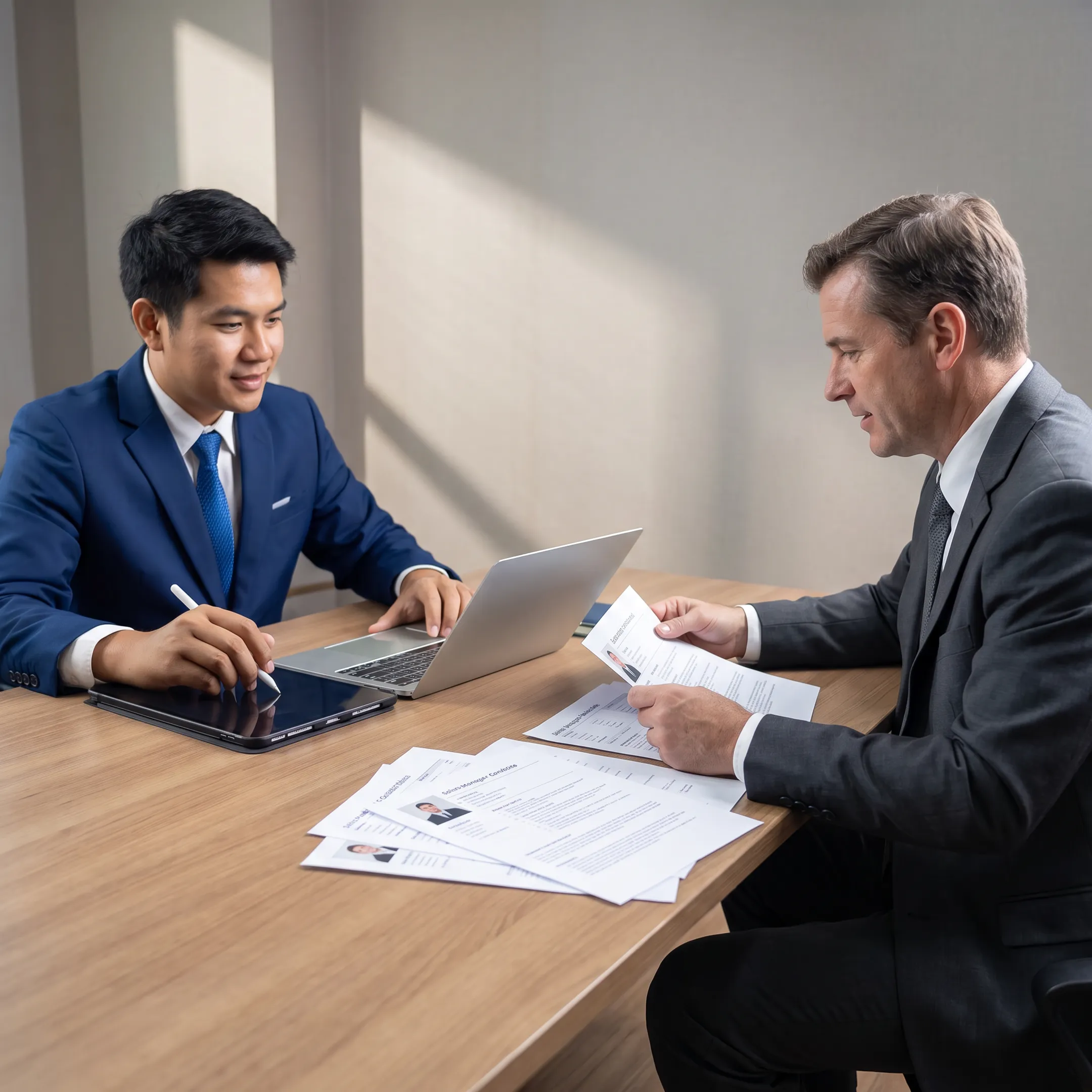 Recruitment advisor reviewing sales leadership candidate profiles with an employer