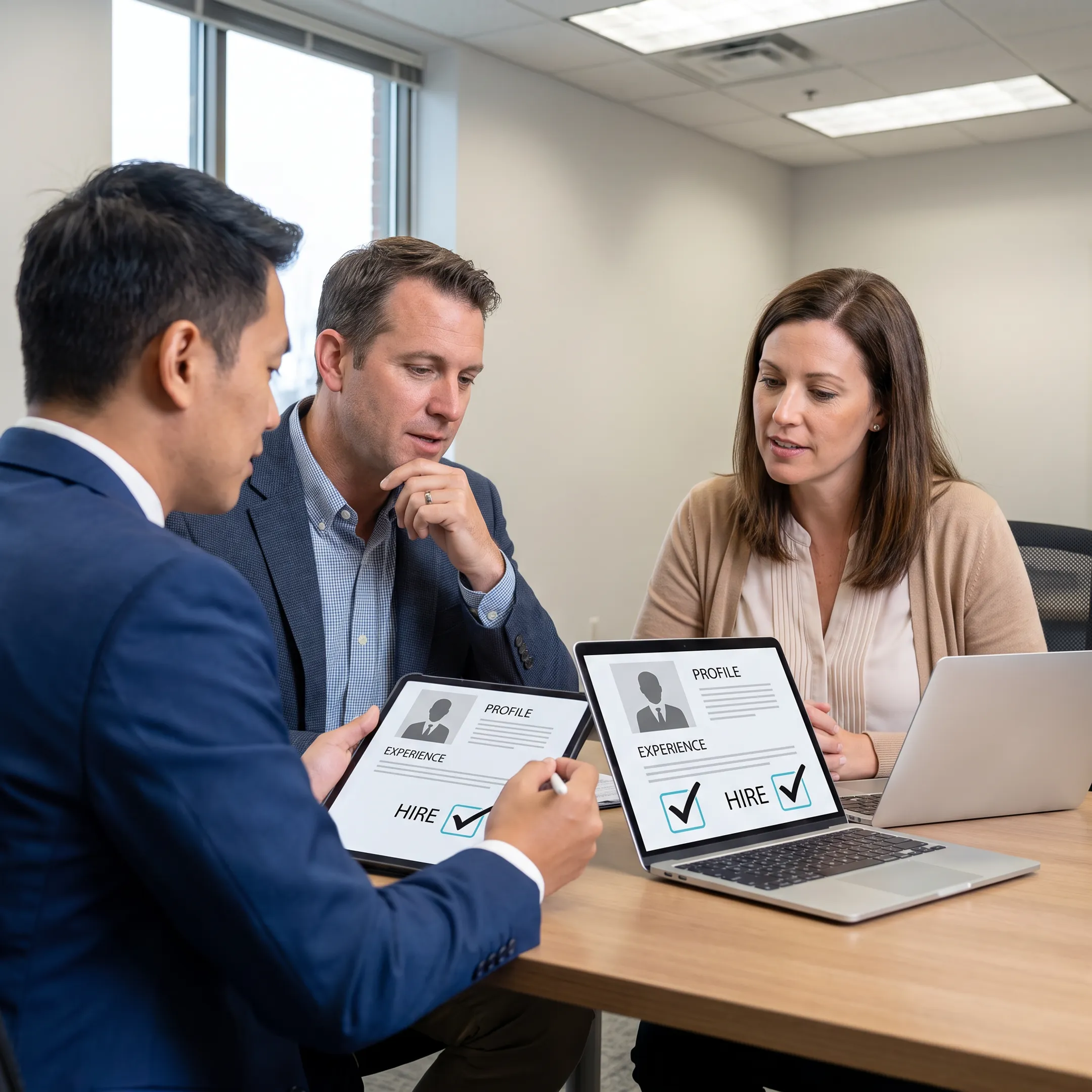 Recruitment consultant presenting qualified candidate profiles to small business owners
