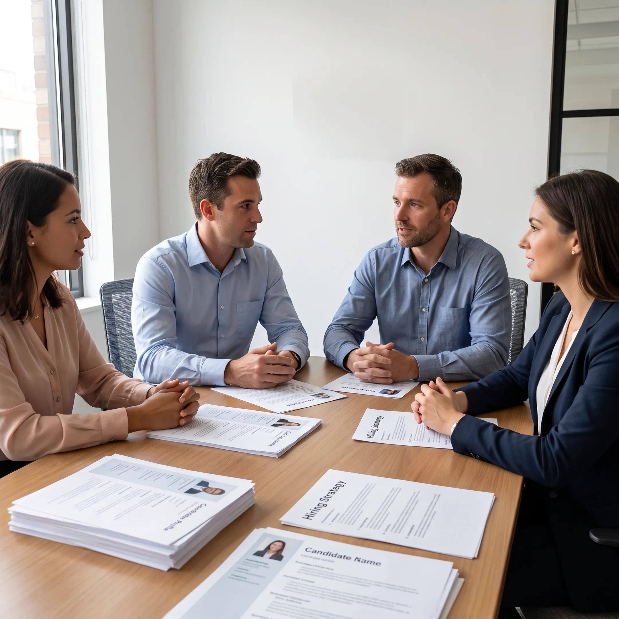 Recruitment specialists reviewing qualified candidates with a small business leadership team