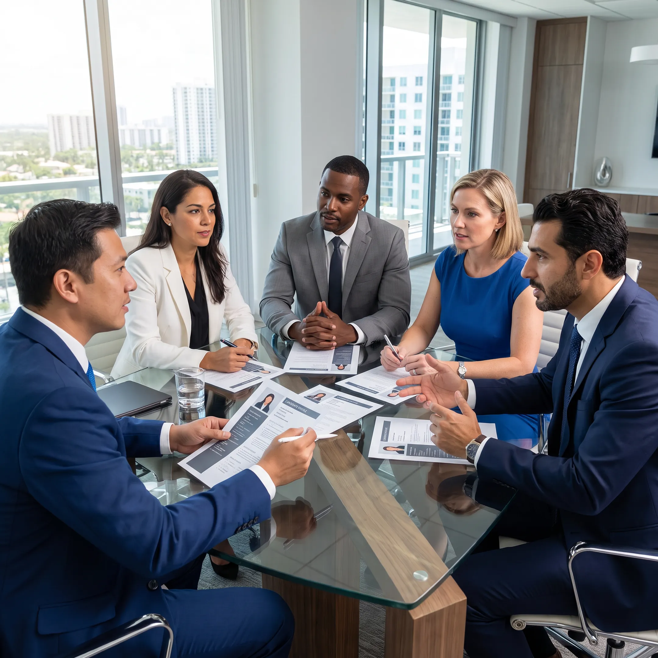 Recruitment consultants reviewing executive candidate profiles with Florida business leaders