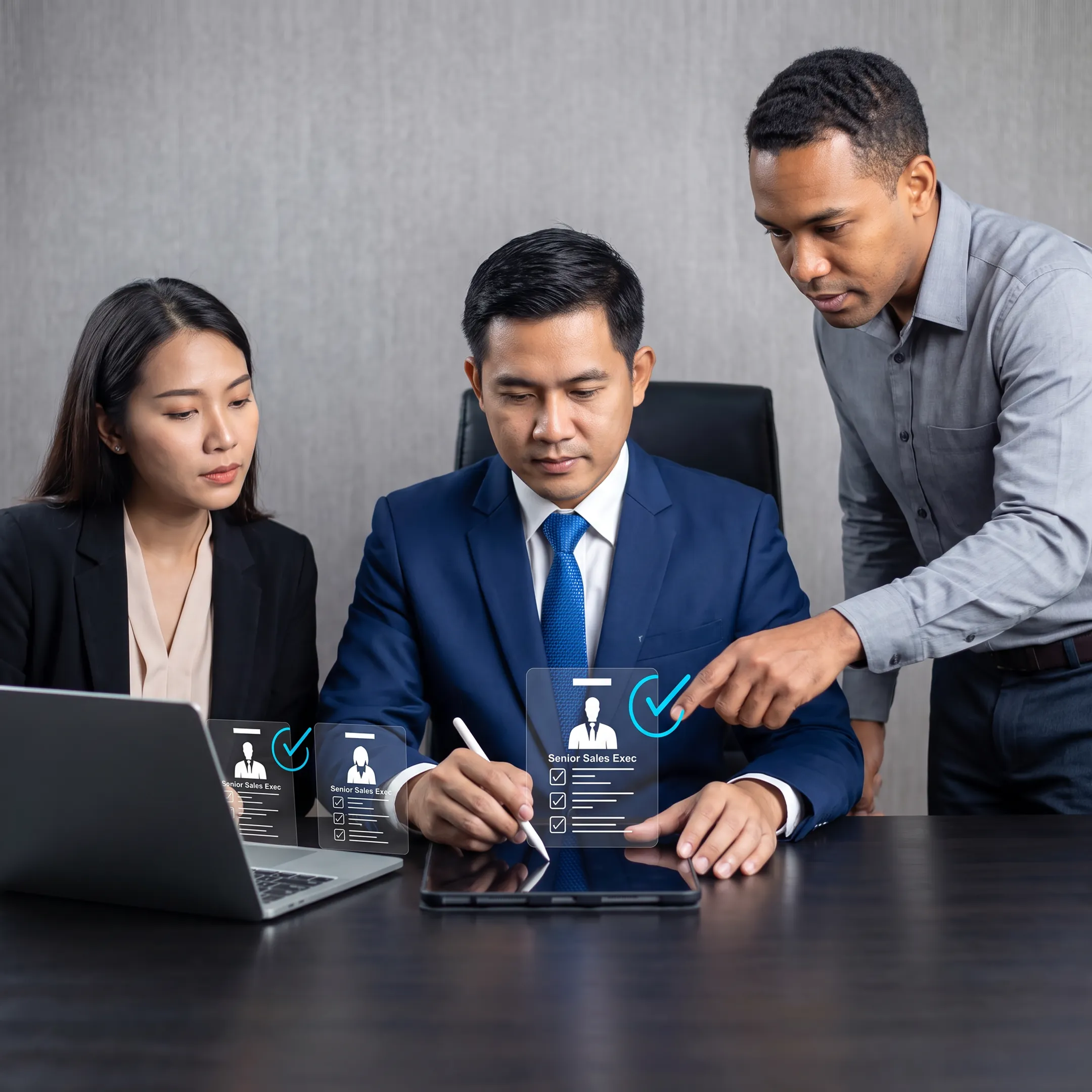 Recruitment consultants reviewing sales candidate profiles with a U.S. business team