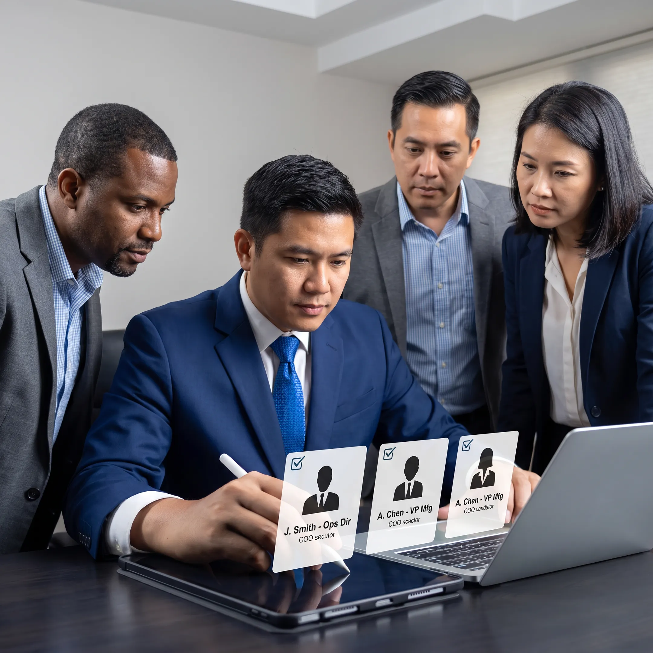 Executive recruiter discussing COO leadership candidates with manufacturing company executives