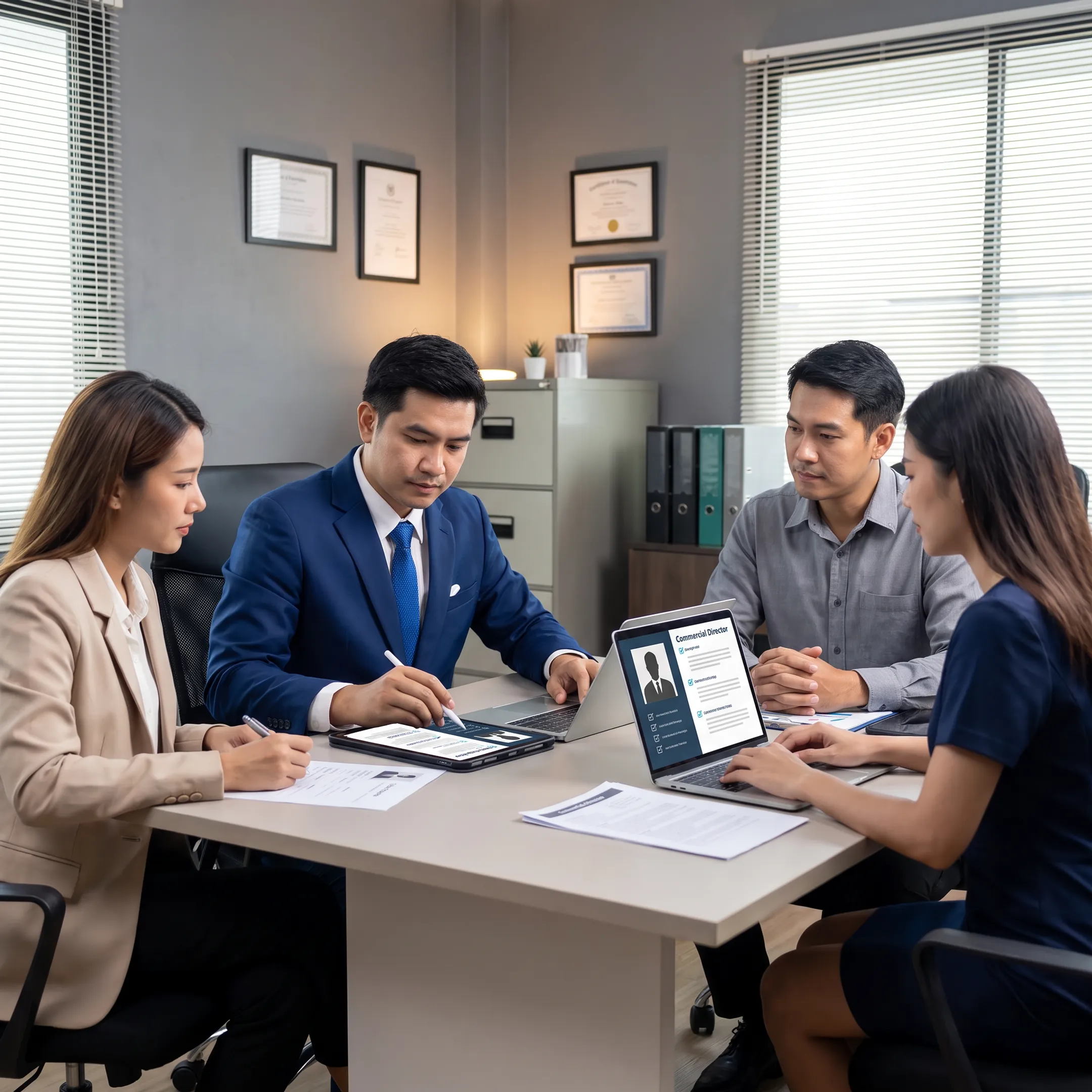 Recruitment consultants discussing commercial leadership candidates with a business team