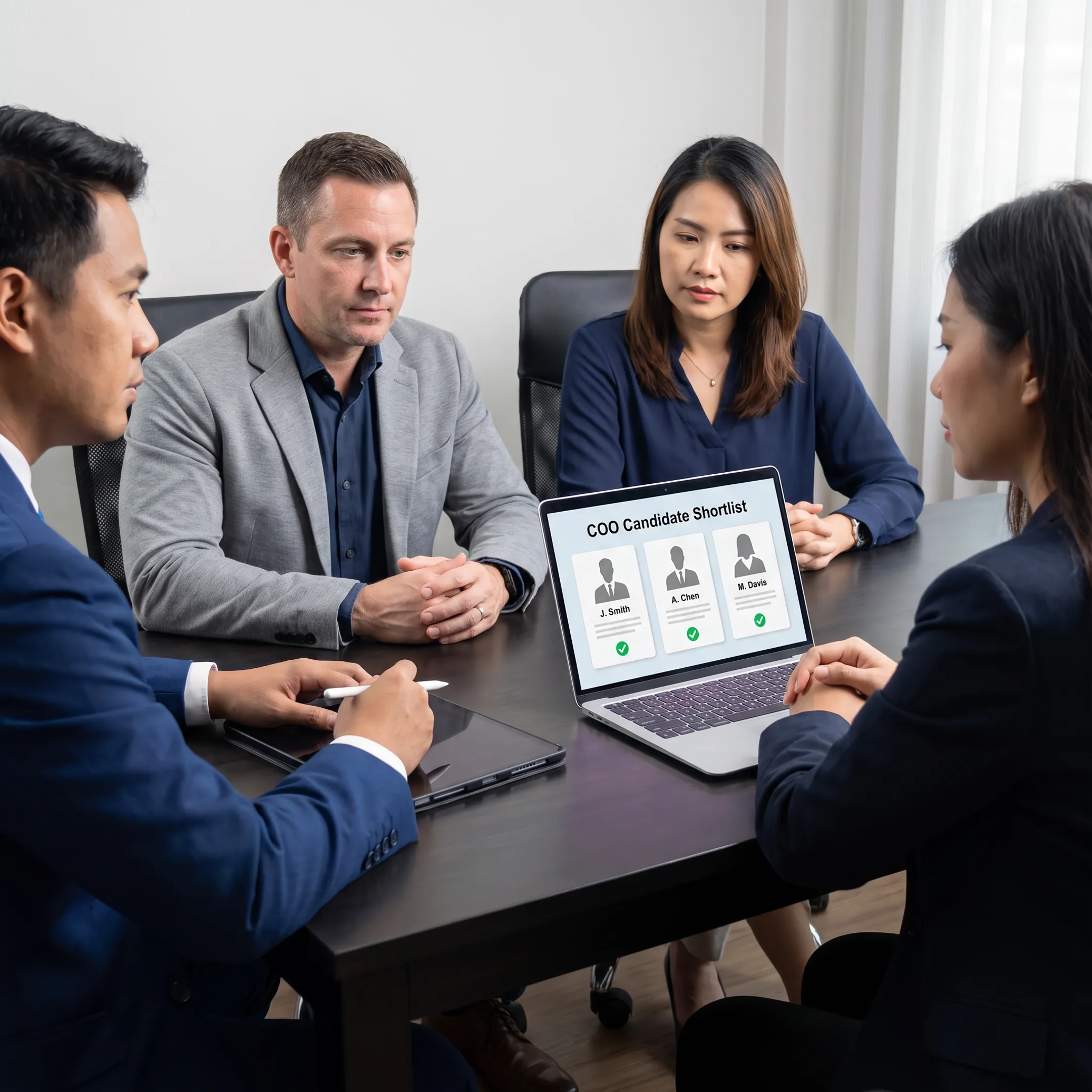 Recruitment advisors presenting an operational leadership candidate shortlist to company founders