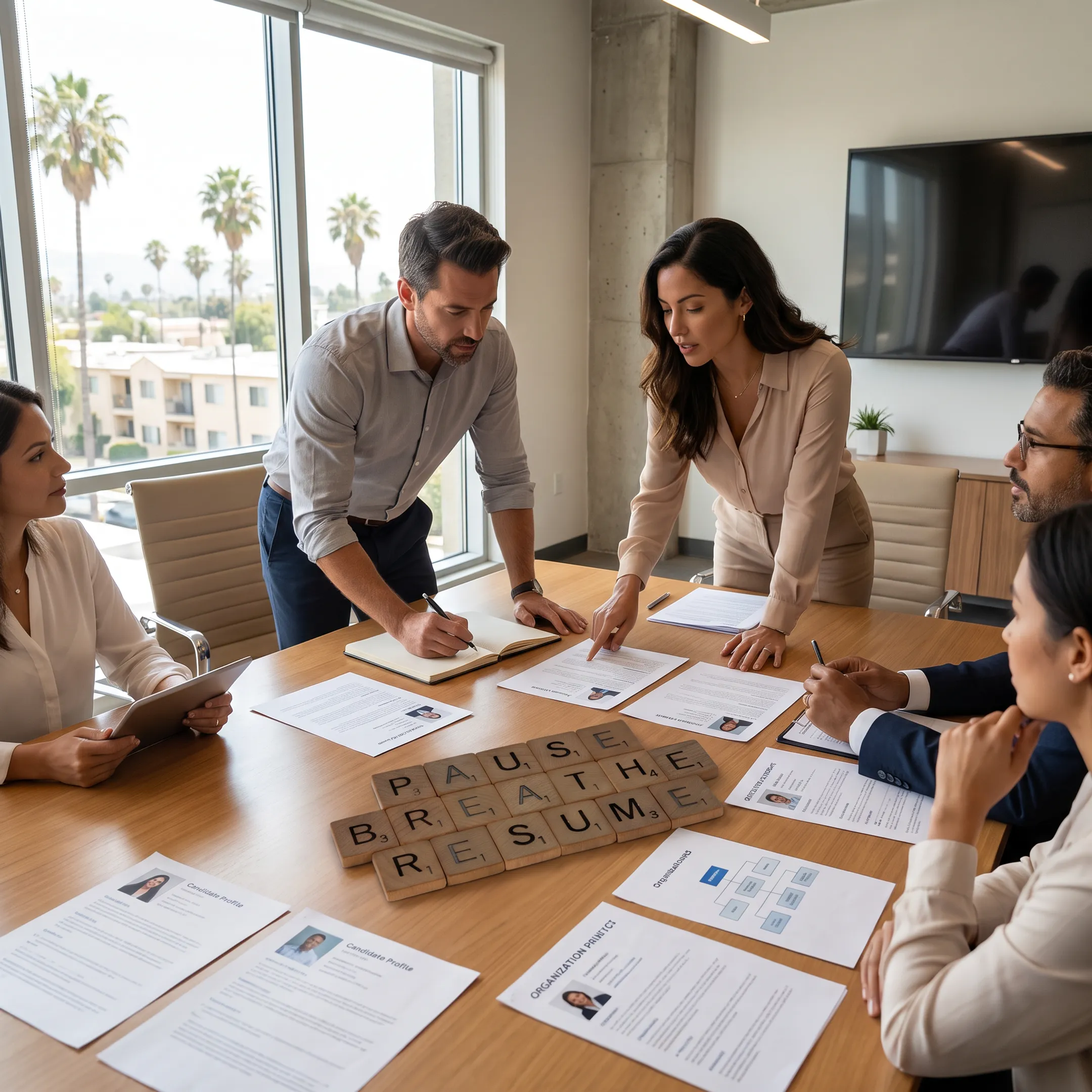 Employer and recruitment advisor discussing marketing hiring strategy in Los Angeles