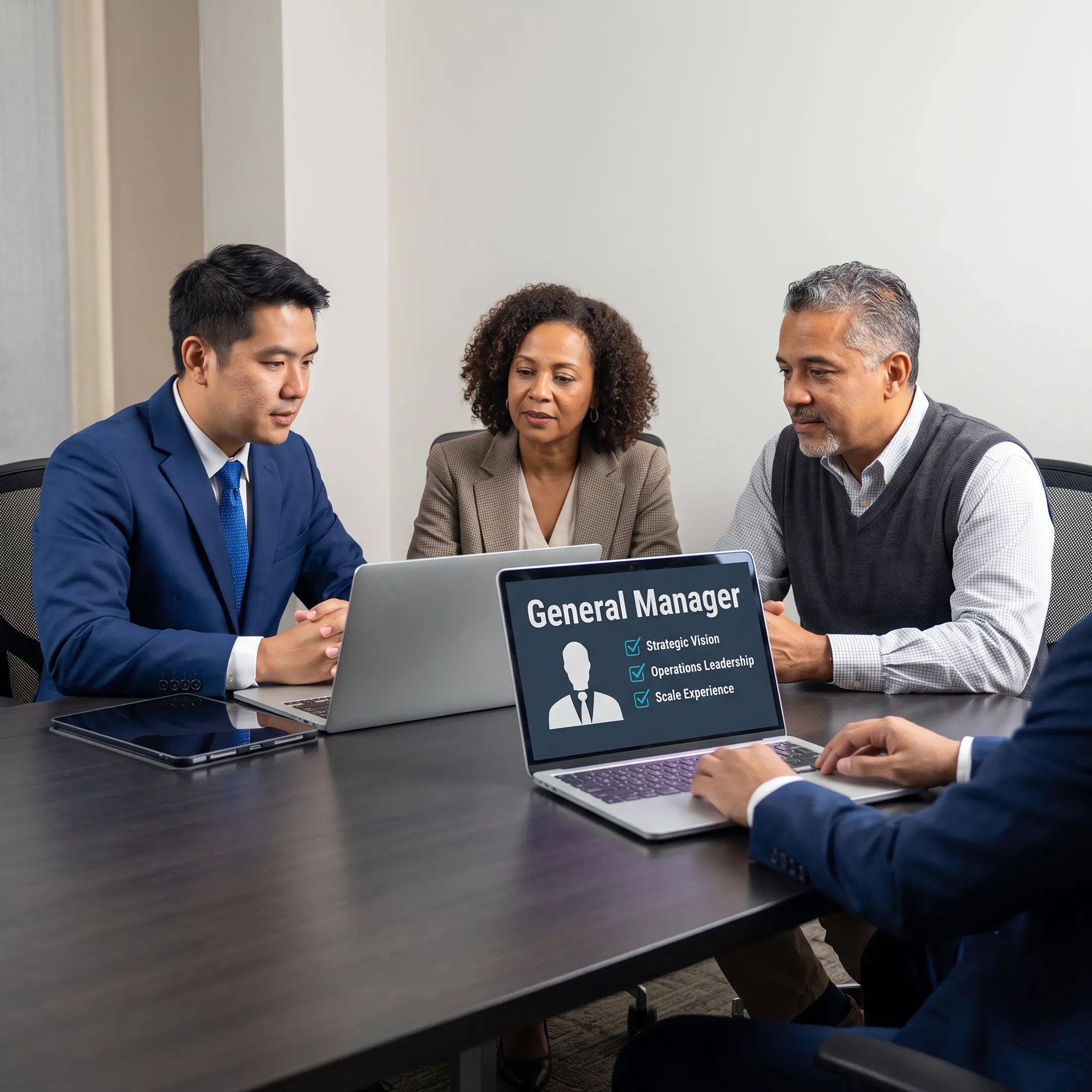 Recruitment consultants discussing a general manager candidate profile with startup founders