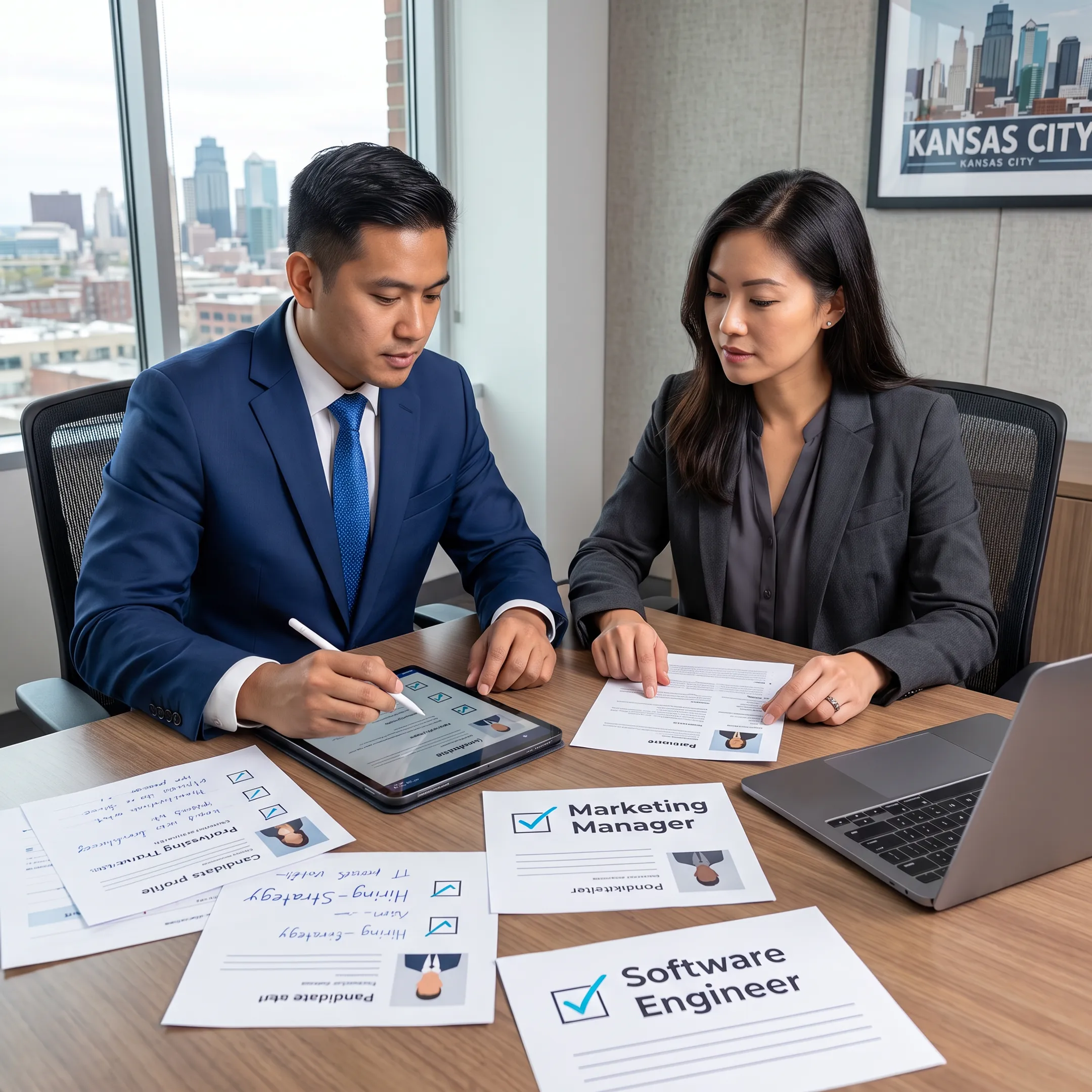 Recruitment consultants reviewing marketing candidate profiles with an employer in a professional office