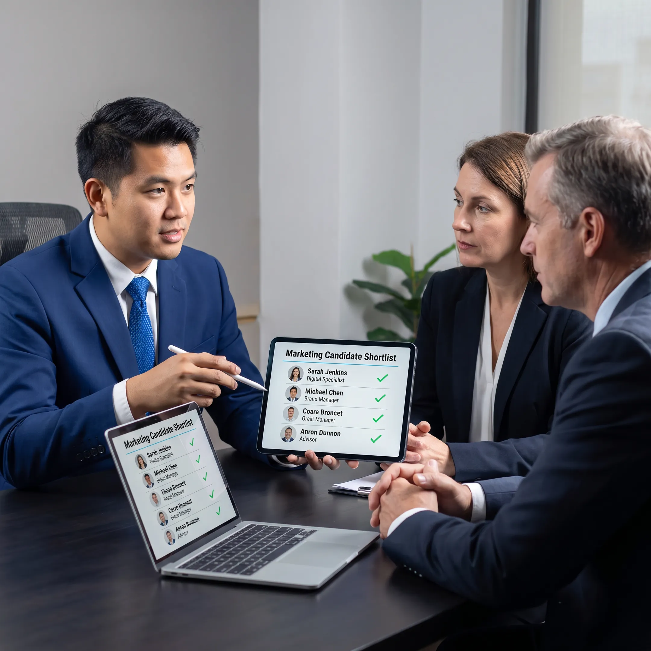 Recruitment advisor discussing a marketing candidate shortlist with business leaders