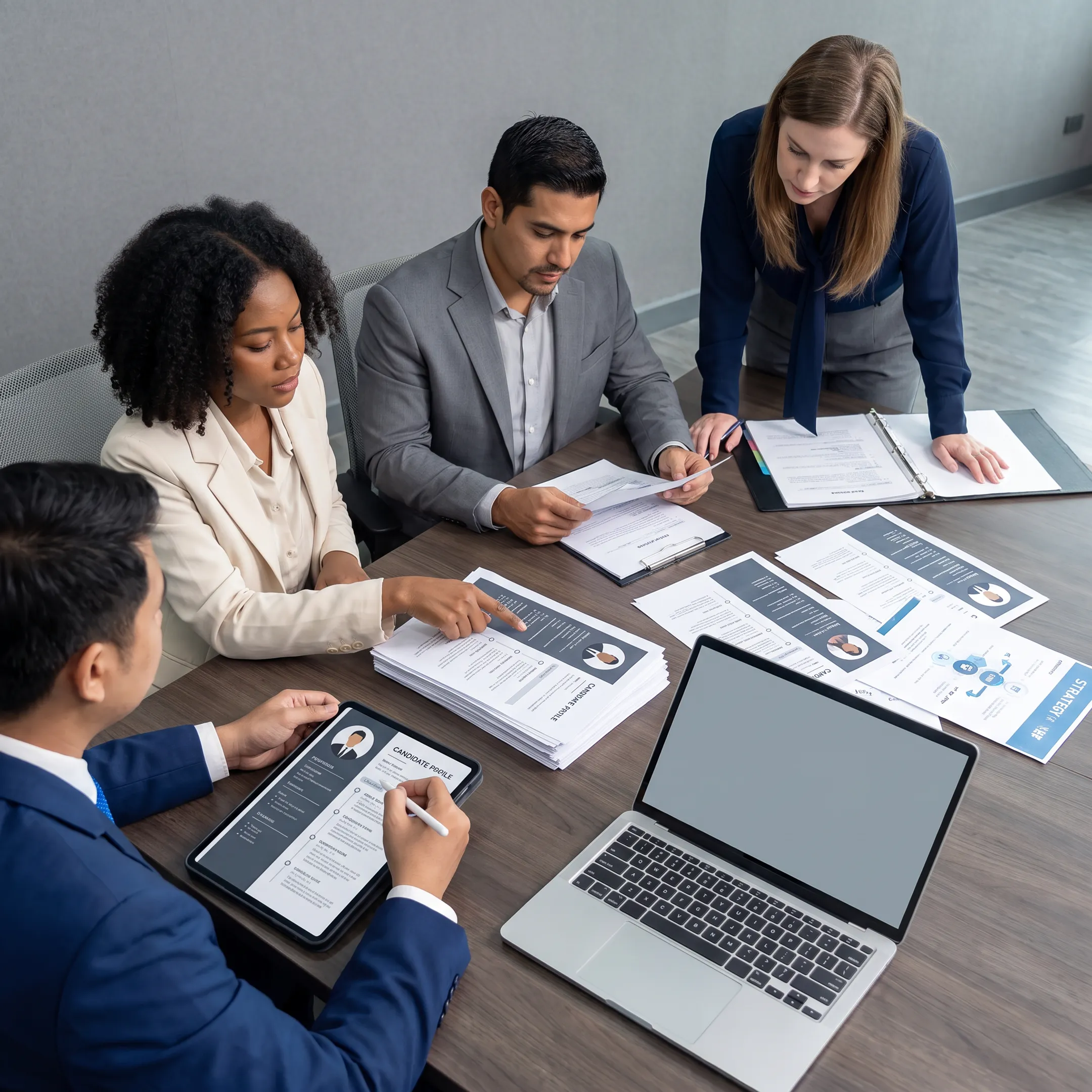 Recruitment consultants reviewing candidate profiles with Detroit business leaders