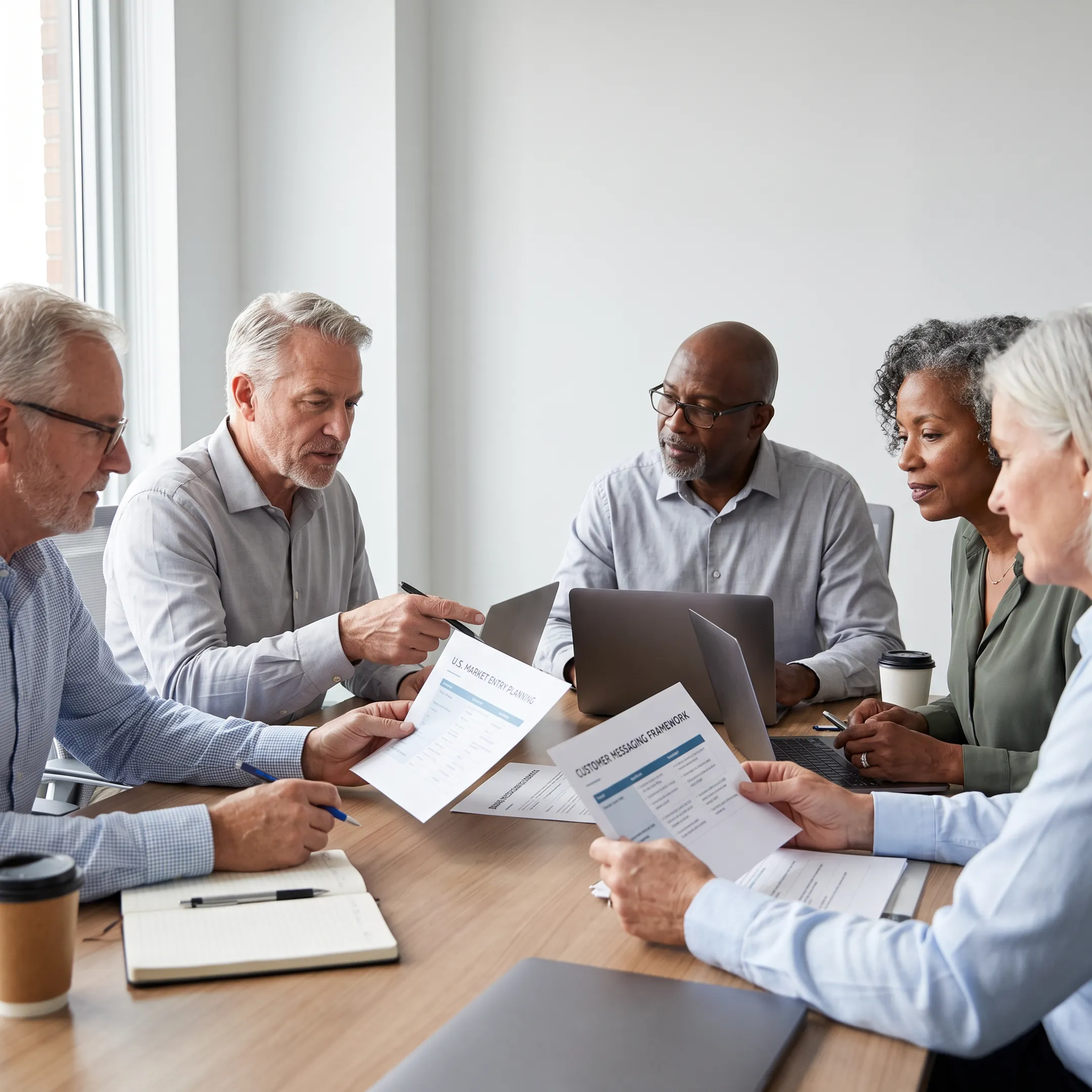 Consultants developing a startup brand narrative and U.S. market messaging strategy
