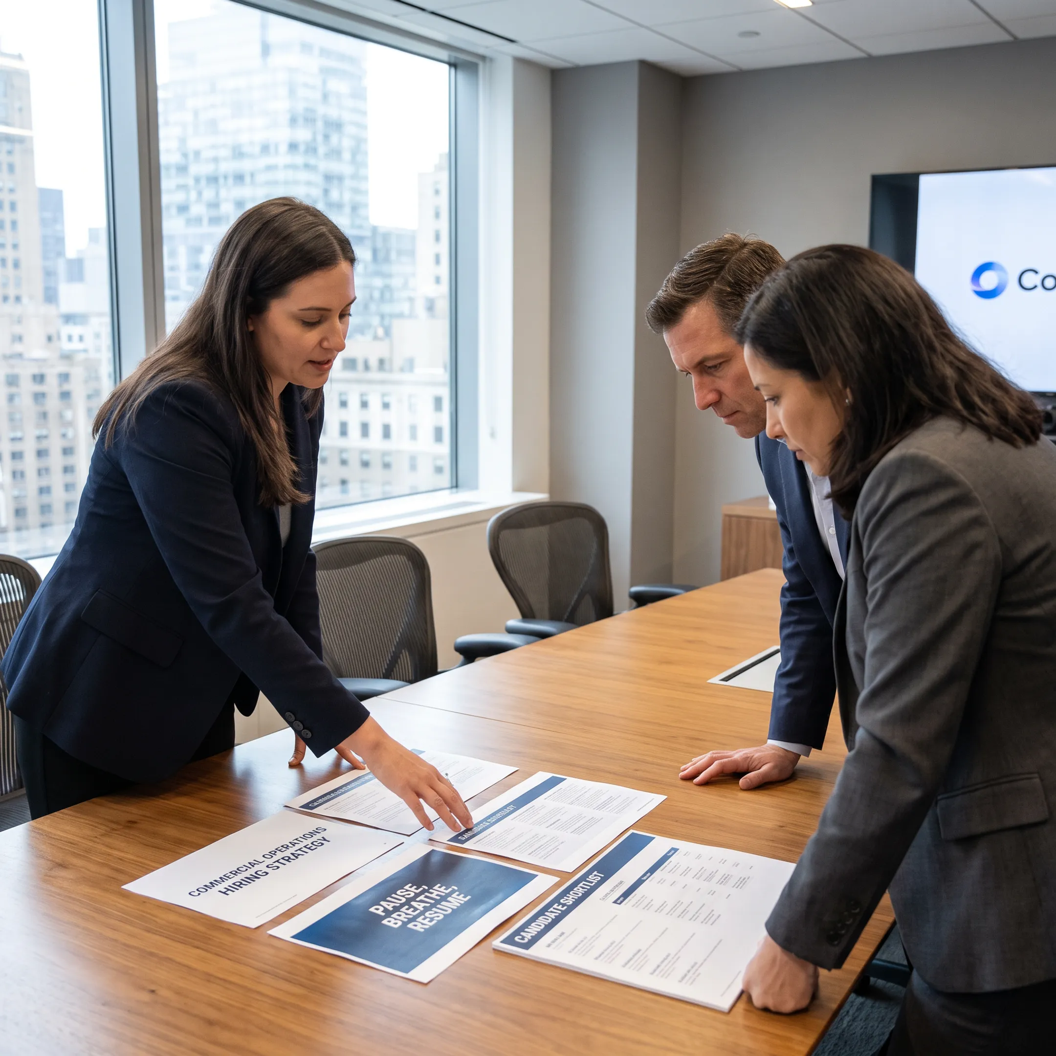 Recruitment specialist presenting a Salesforce talent shortlist to commercial operations executives