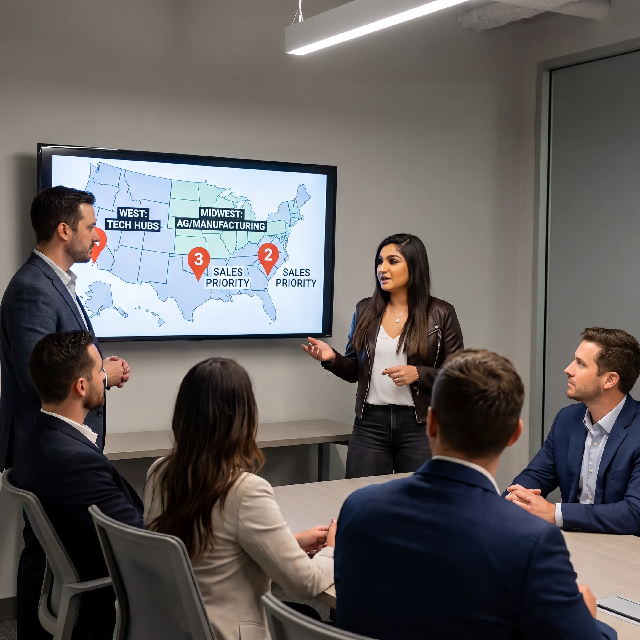 Consultants discussing U.S. sales territory strategy with startup founders